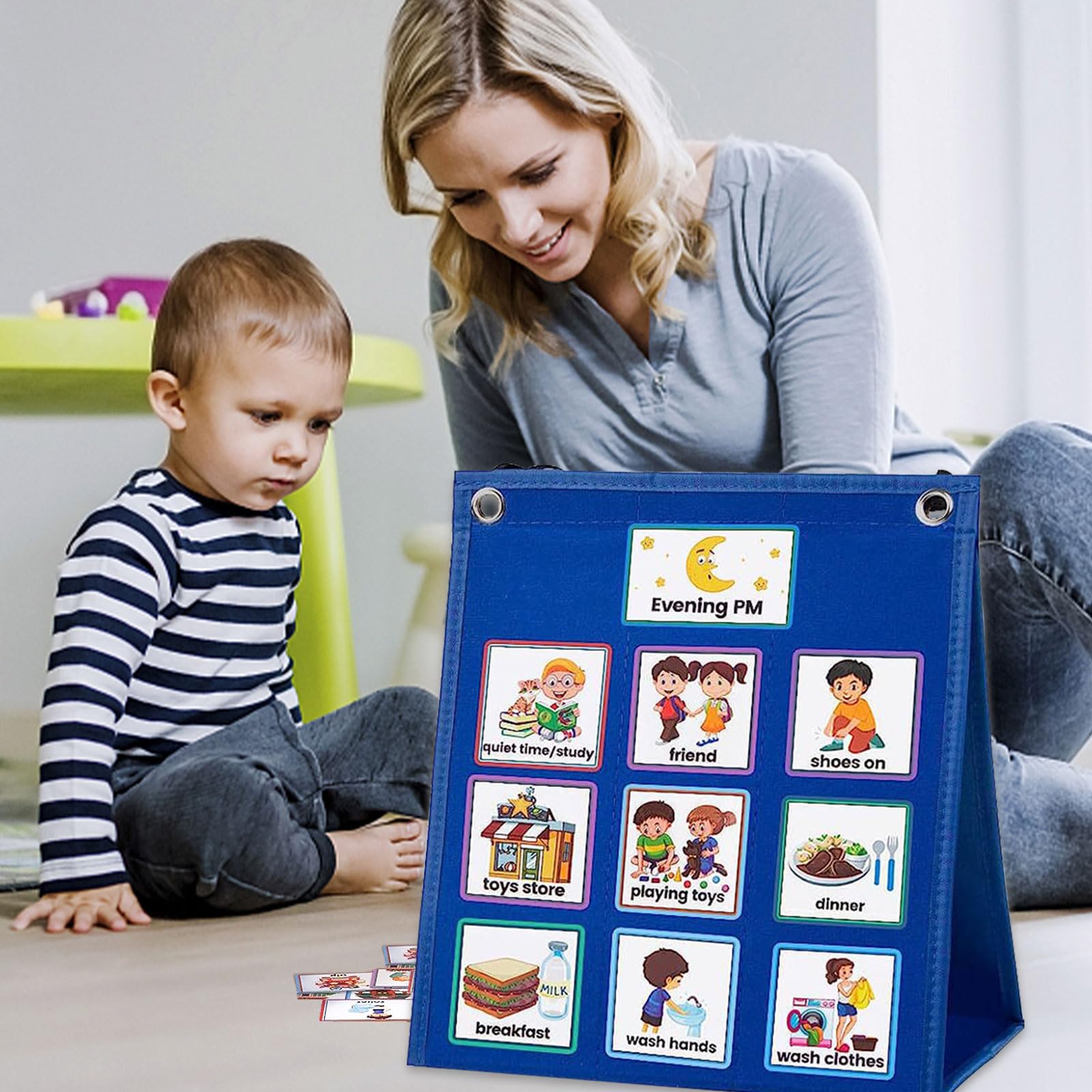 Qivine Tabella Visiva Giornaliera per Bambini con 70 Carte attività, Routine Quotidiana Montessori, Calendario Visivo Pieghevole da Tavolo o Parete, Planner Educativo per Autismo, Scuola e Casa