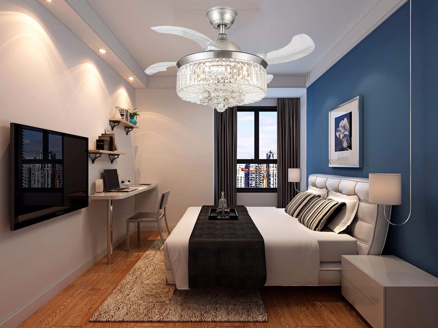 Onе-Dау Sаlе: Uр tо 50% оƒƒ Modern Crystal Chandelier Ceiling Fan with Lights and Remote Control, Invisible 36 Fandelier LED Light kit with Retractable blades, Chrome