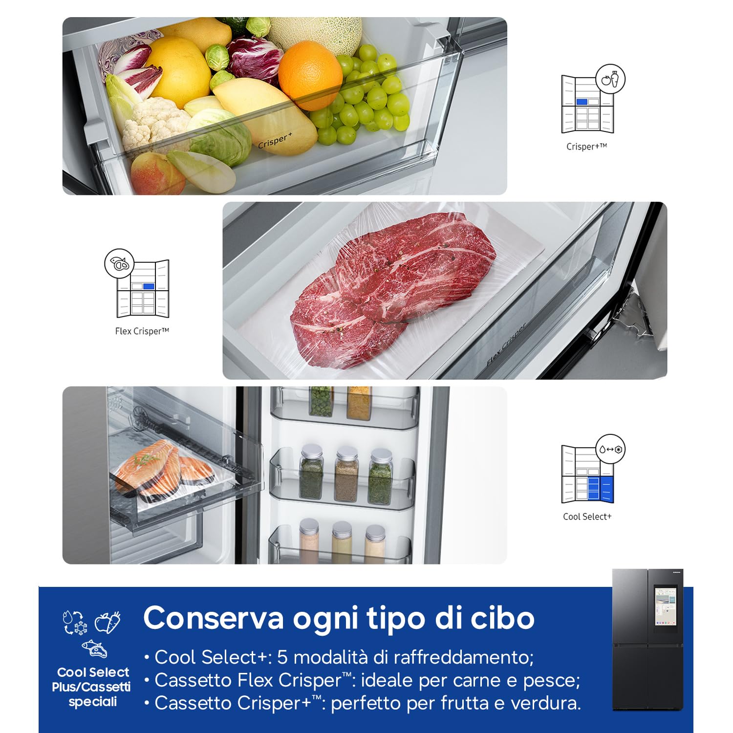 Samsung Frigorifero a 4 Porte Family Hub AI RF65DG9H0EB1/EF, Con AI Vision Inside, Wifi+AI Energy Mode, Beverage Center, Metal Back, 636 L, LxAxP: 91,2 x 183 x 72,3 cm, Antracite