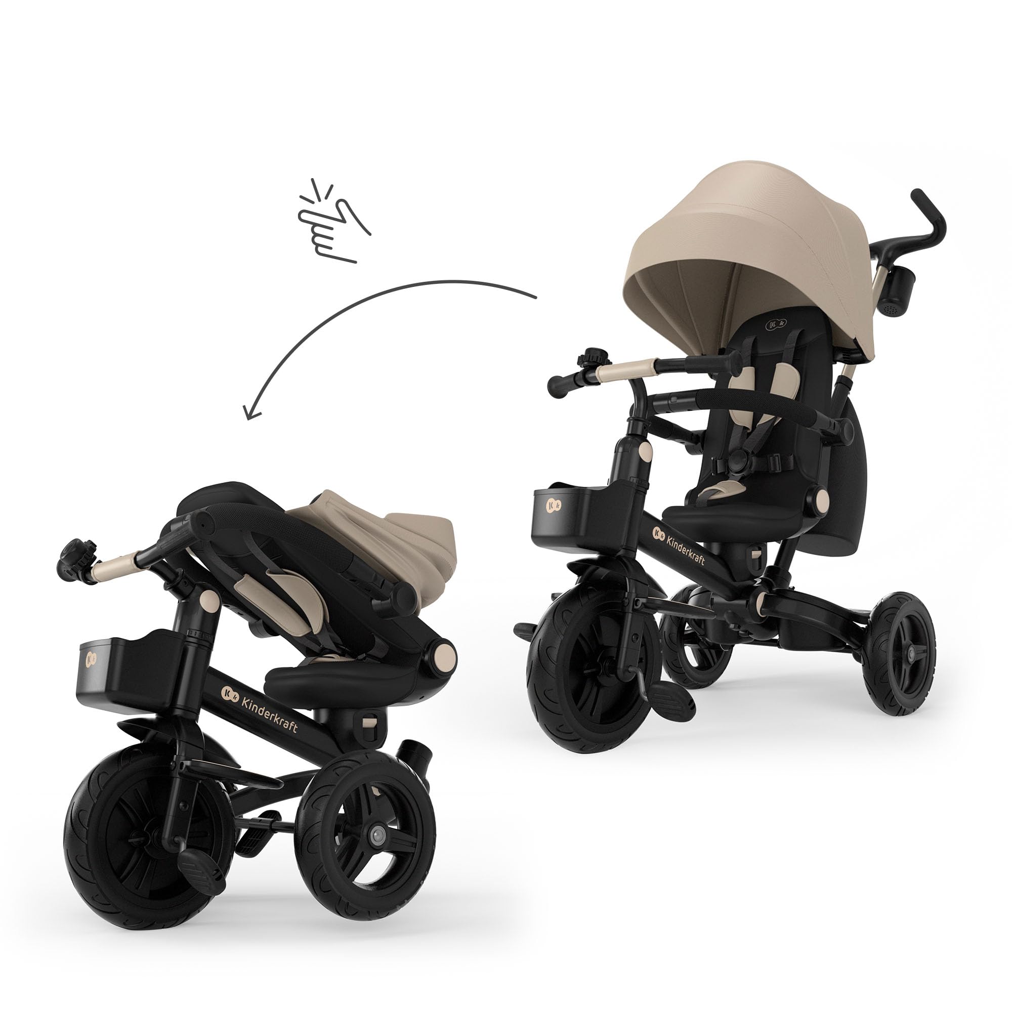 Kinderkraft Aveo 2 PRO Dreirad 6 in 1, Click&Twist Sitz drehbar, Liegefunktion beidseitig, Klappbar, Kompakt, UPF50+ Verdeck, Freilauf, Ab 9 Monaten bis 5 Jahre, Beige