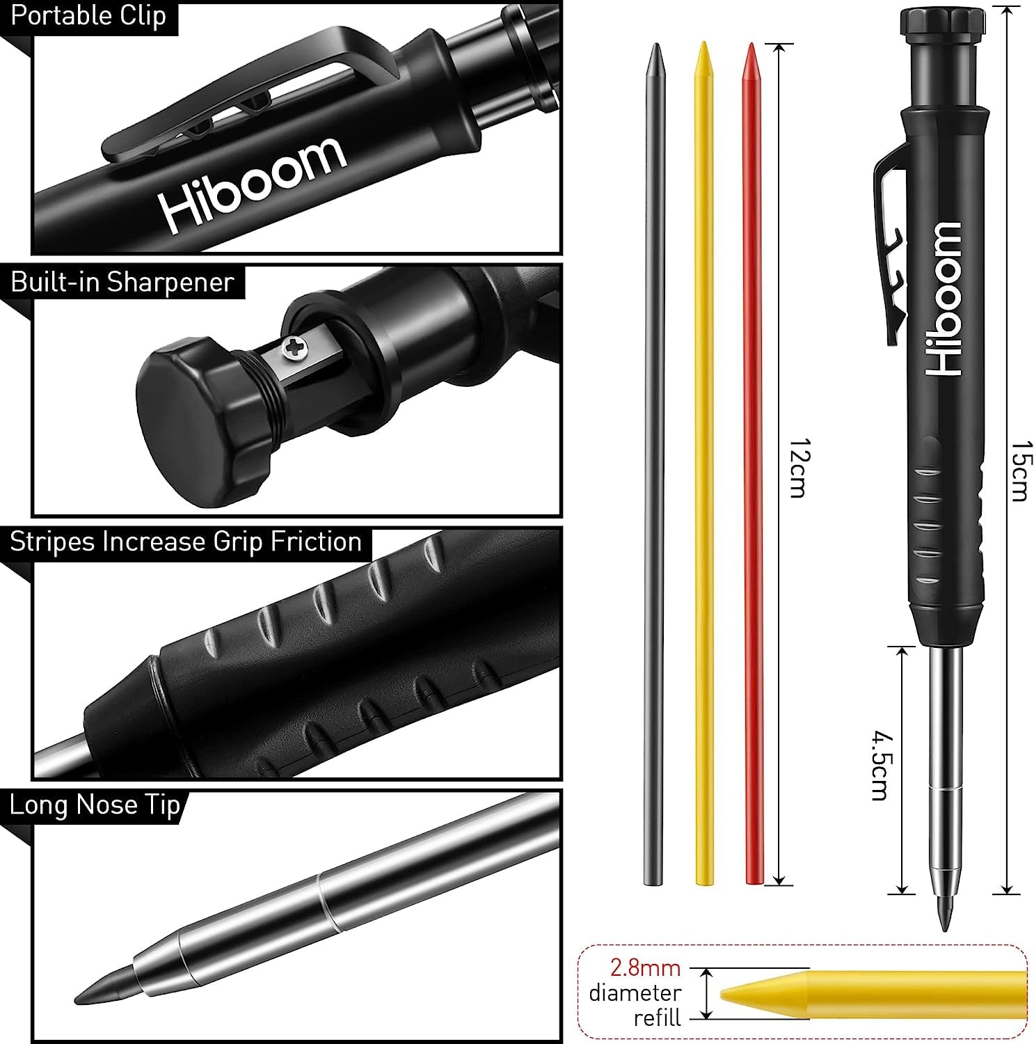 Crayon de Chantier, Crayon Menuisier, Porte Mine Chantier, 5 Crayons de Charpentier Mécaniques, 30 Recharges Marqueur de Trou de Pointe d'Aiguille avec Taille-Crayon Intégré, Outils Electricien