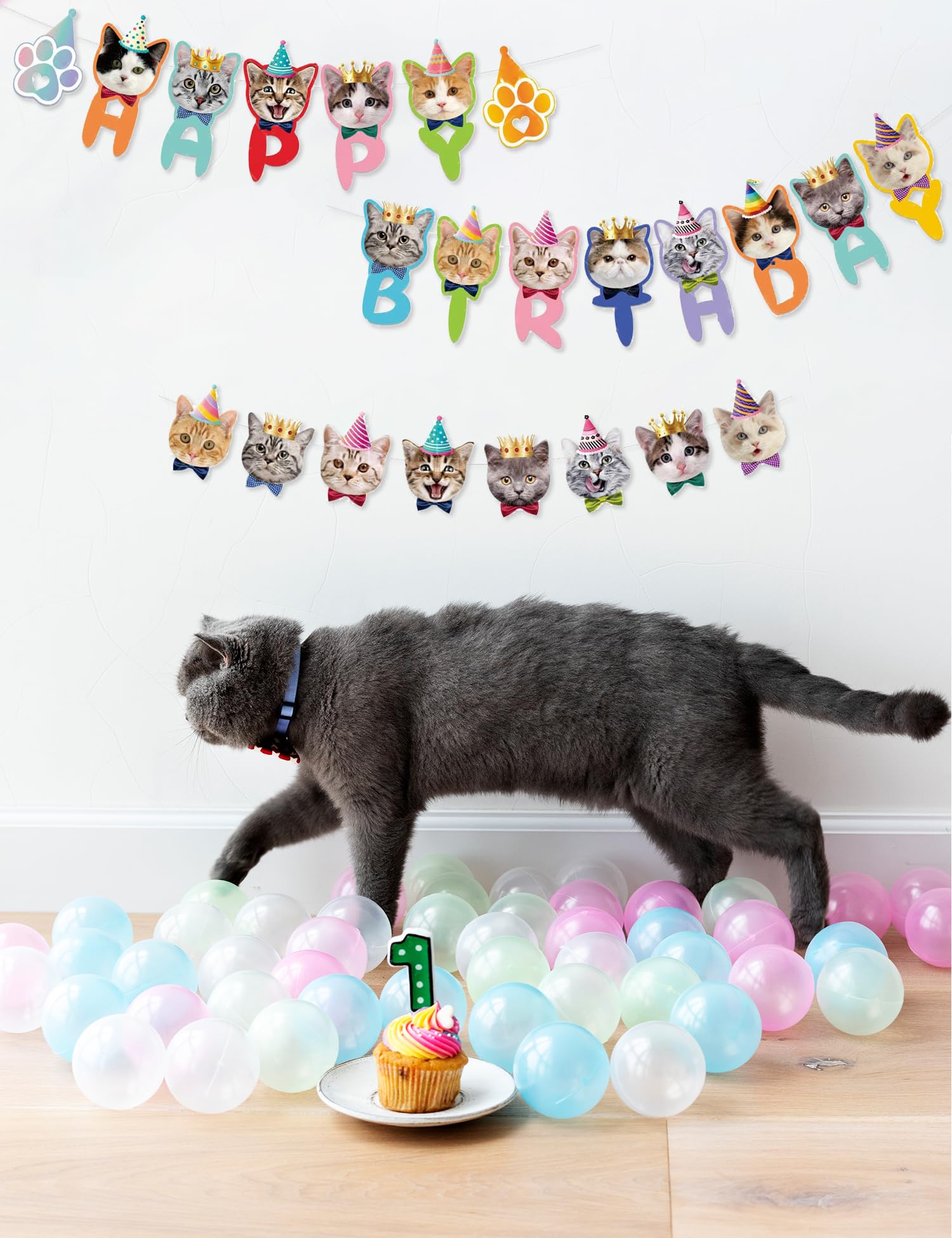 Lavifinac Cat Happy Birthday Banner Supplies Cat Face Birthday Decorations Colorful Sign Garland Bunting Party Kitty Kitten Theme Banner