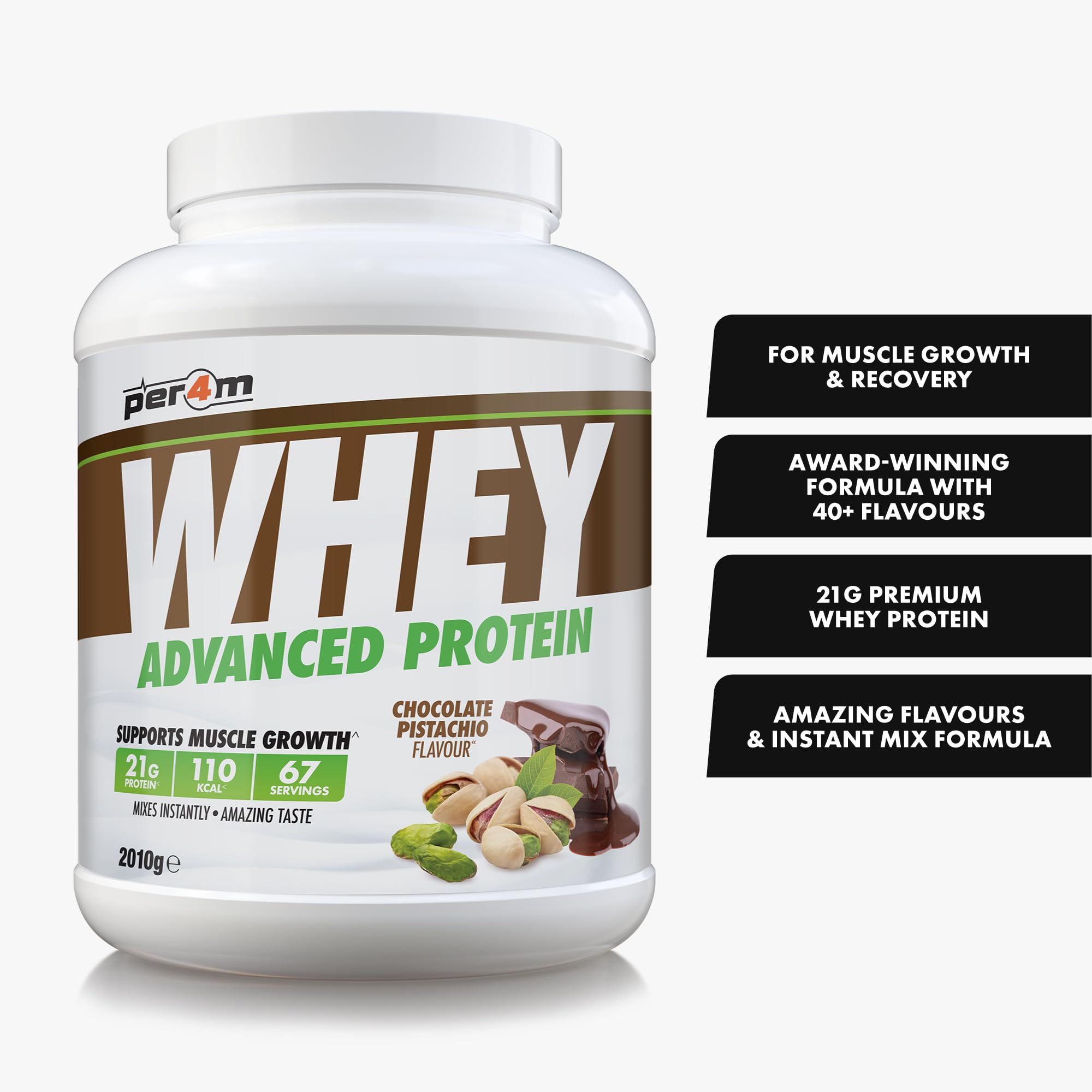 Per4m Whey Protein, Odżywka Białkowa WPC, 24 g Białka na Porcję, Budowanie Masy Mięśniowej i Szybka Regeneracja Po Treningu Siłowym dla Aktywnych Sportowców, Suplement – Chocolate Pistachio – 2010 g