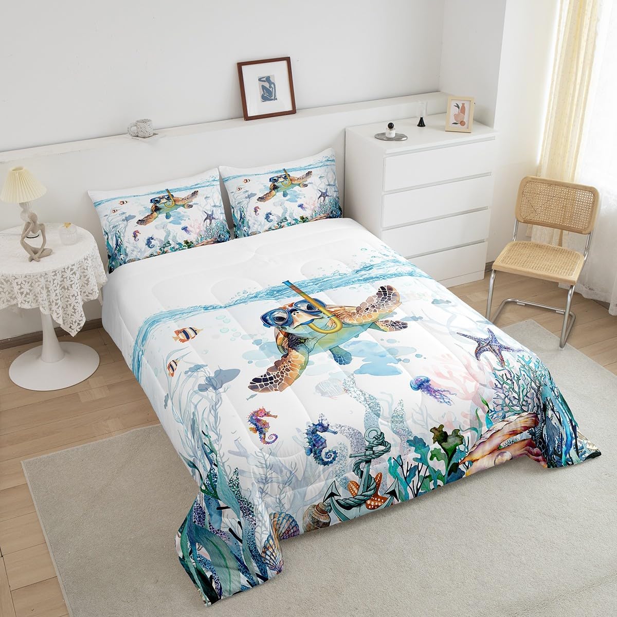 Feelyou Toddler Sea Turtle Bedding Set Ocean Comforter Set for Kids Boys Girls Teens Room Decor Reptile Tortoise Comforter Twin Size Coastal Duvet Set 2Pcs