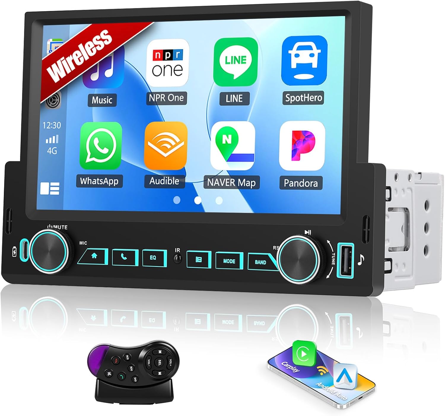 CAMECHO 7" Single DIN Car Stereo: Wireless CarPlay Android Auto, Bluetooth 5.0 Touchscreen Radio, Mirror Link, SWC, USB/Type-C