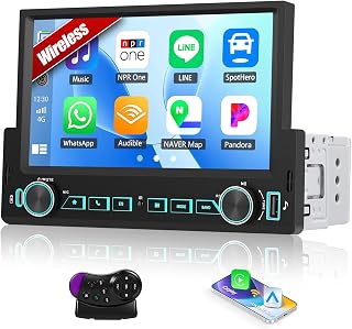 CAMECHO 7" Single DIN Car Stereo: Wireless CarPlay Android Auto, Bluetooth 5.0 Touchscreen Radio, Mirror Link, SWC, USB/Type-C