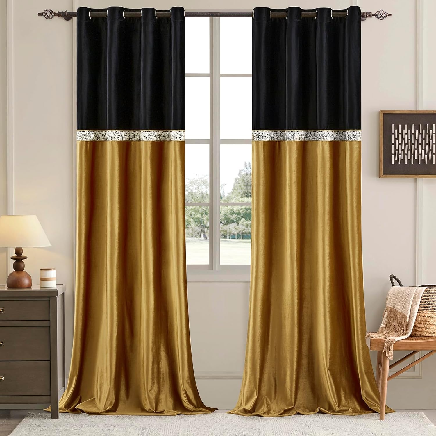 Velvet Curtains Drapes for Living Room 96 Inches 2 Panels Set Black Gold Vintage Window Treatment Curtains Embroidered Floral Drape Retro Blackout Curtains Black+gold 52"W x 96"L (Pack of 2)