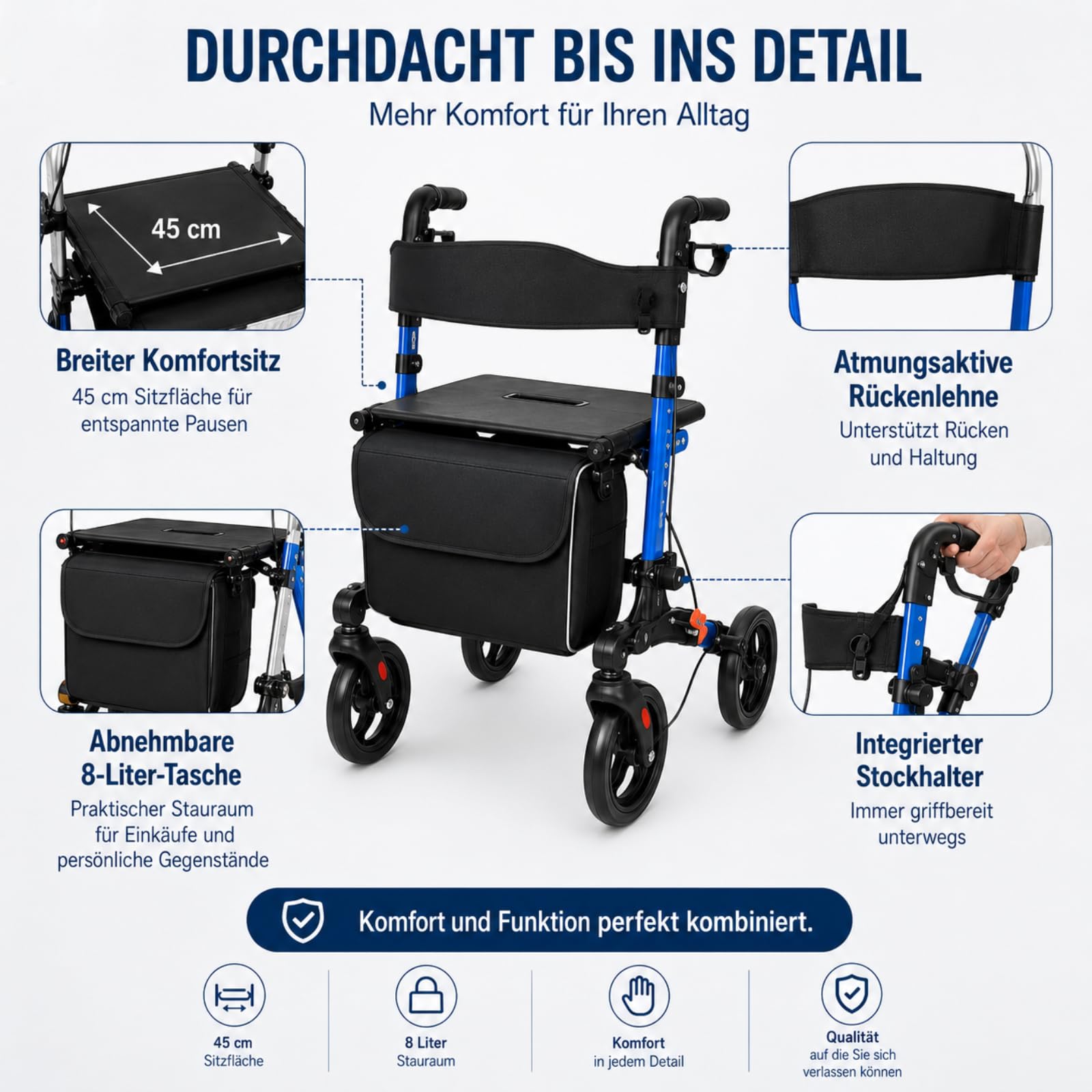 Leichtgewicht Rollator Faltbar und Leicht mit Sitz, 6-fach Höhenverstellbar Geeignet für 160 185 cm, Aluminium Gehhilfe mit Feststellfunktion Stockhalter und Abnehmbare 8L Einkaufstasche