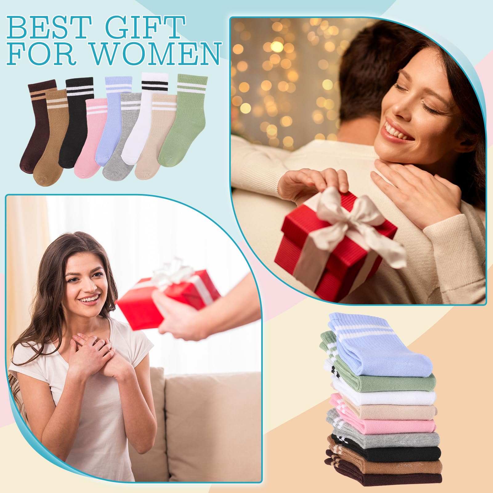 Utensilsto Lot de 9 paires de chaussettes de tennis pour femme 37-42 - Chaussettes de tennis en coton avec rayures pour femme