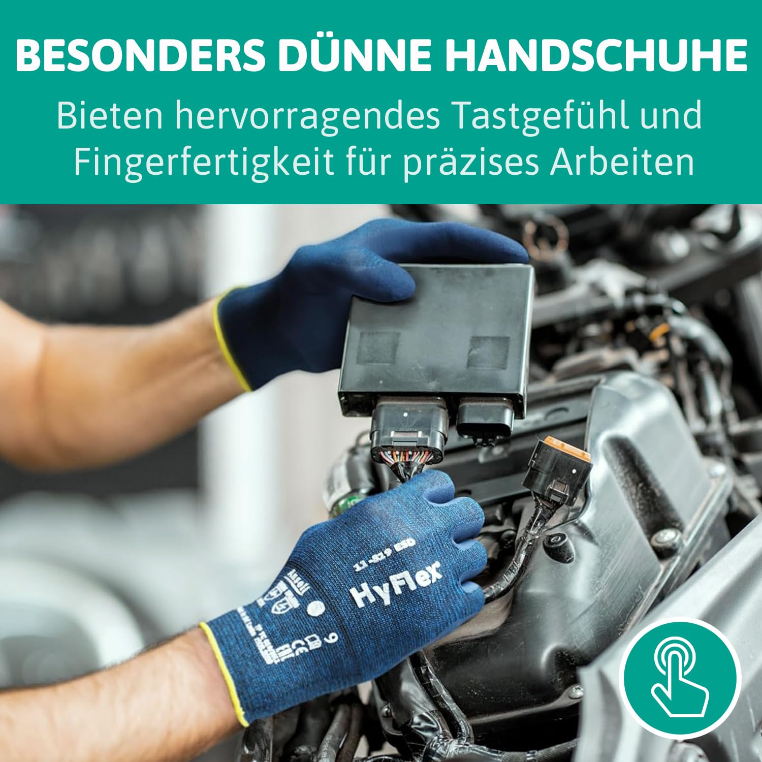 Ansell HyFlex 11-819 Dünne Arbeitshandschuhe, Rutschfeste Nitril-Beschichtung, Schutzhandschuhe vor Elektrostatischen Entladungen, Antistatisch, TouchScreen, Blau, Größe L (12 Paar)