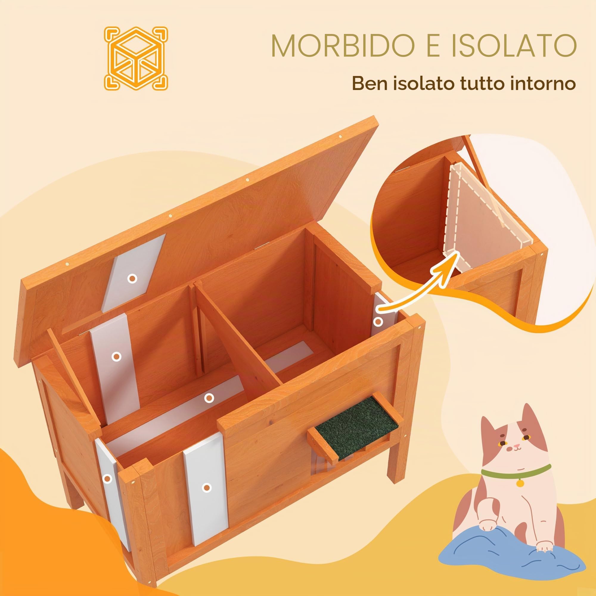 PawHut Casa per gatti esterna, 85 x 50 x 68.5cm, Arancione | Casa gattini legno isolata, pavimento rimovibile, tetto apribile resistente all'acqua