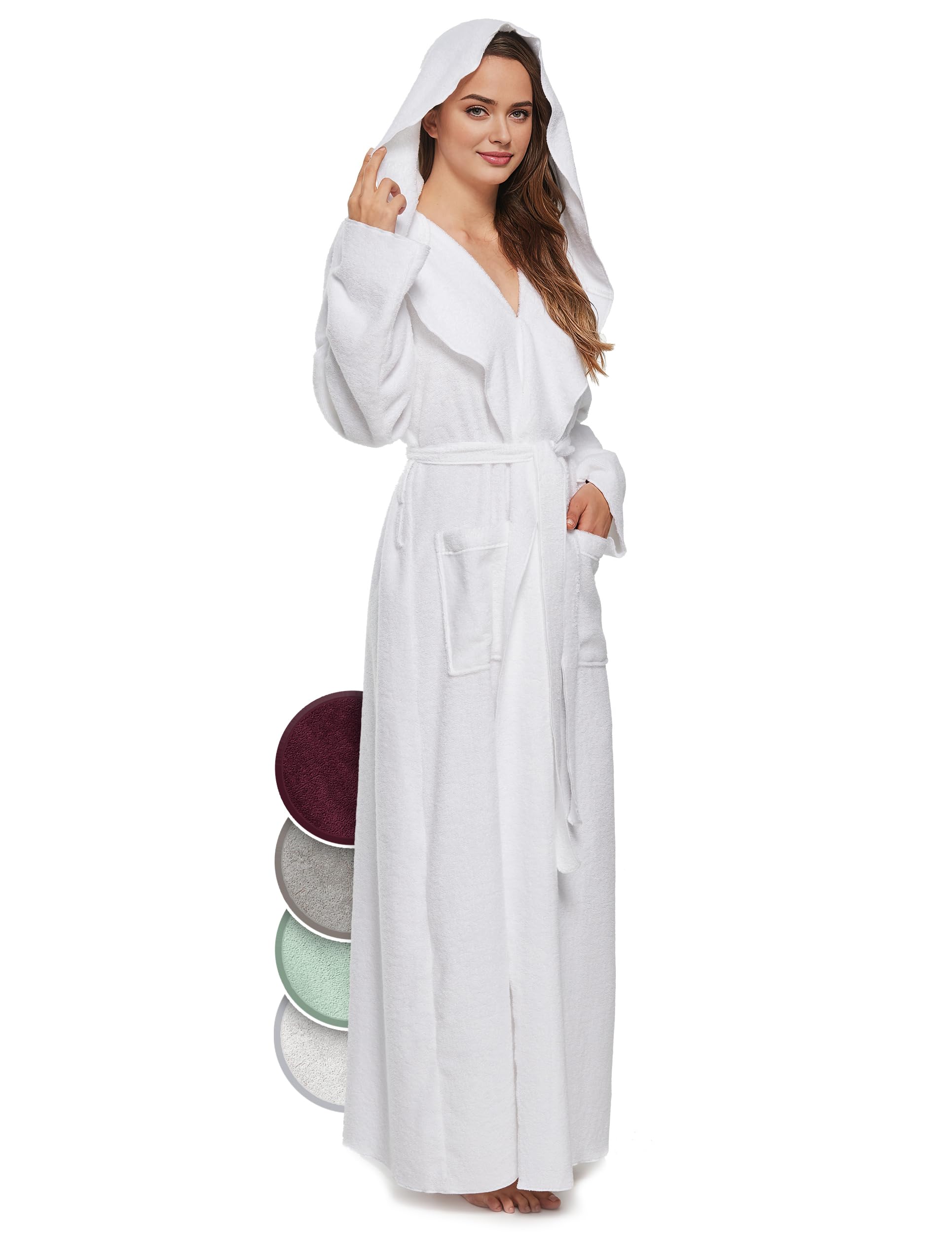 Accappatoio da donna con cappuccio | extra lungo e leggero | 100% cotone spugna | certificato OEKO-TEX