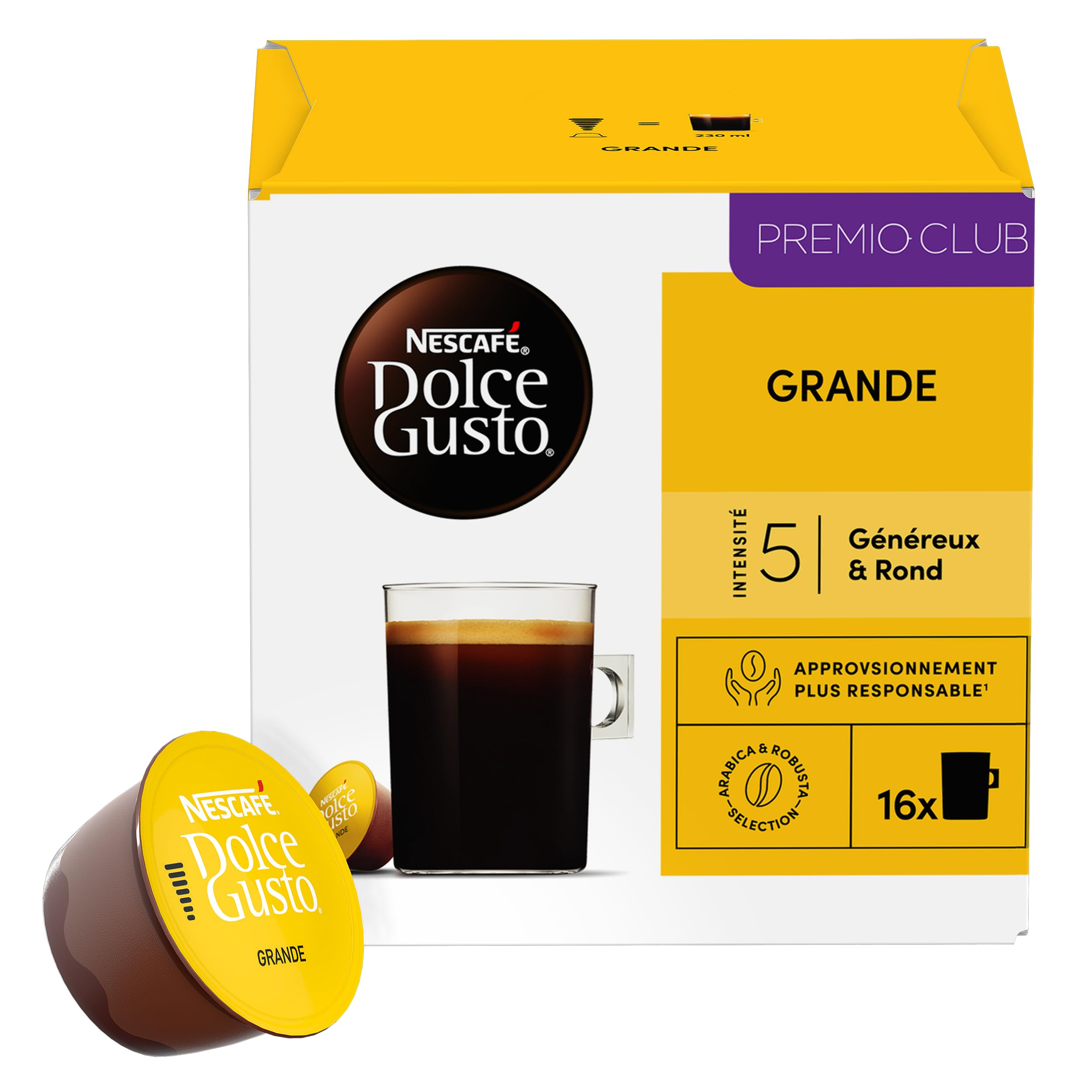 NESCAFE DOLCE GUSTO Grande – Café Cápsula – Intensidad 5 – Mezcla Arabica & Robusta – 96 Cápsulas (6 Cajas x 16) | Café Cápsulas, compatible con todas las máquinas de café DG fuera de NEO, mezcla Arabica y Robusta aromática
