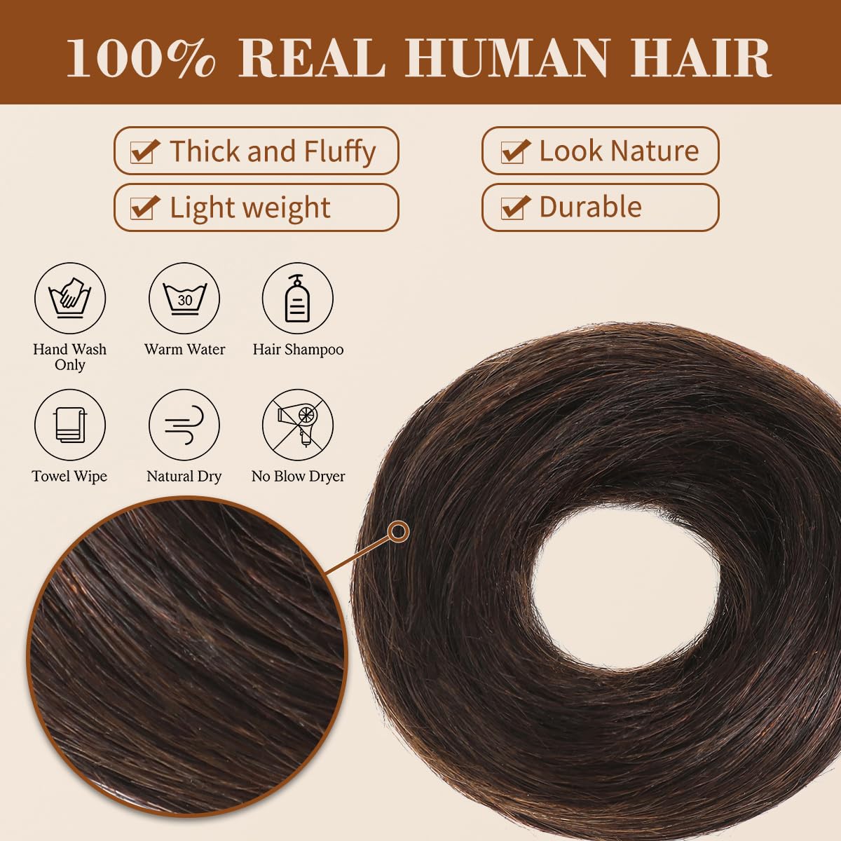 2Pcs Messy Bun Hair Piece 100% Real Human Hair Bun Scrunchies Natural Tousled Stretchy Fluffy Donut Updo Ponytail Extensions with Elastic Rubber Band Fake Bun Hair for Women,Dark Brown - Image 7