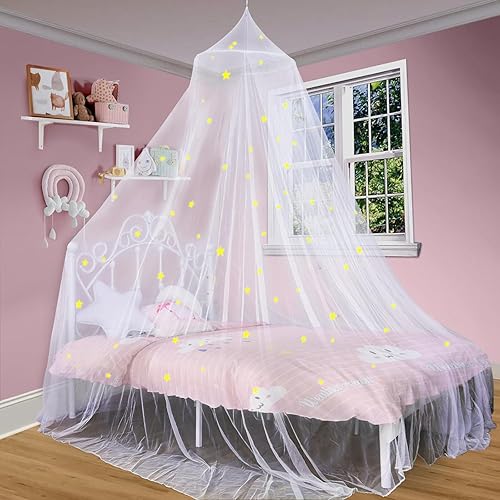 South to East Bed Canopy for Girls with Glowing Stars, Princess Canopy Bed Curtains for Kids, Starry Net Canopy for Girls Room Decor, Kids Bed Canopy for Single, Twin, Full, Queen Size Bed - White With Stars