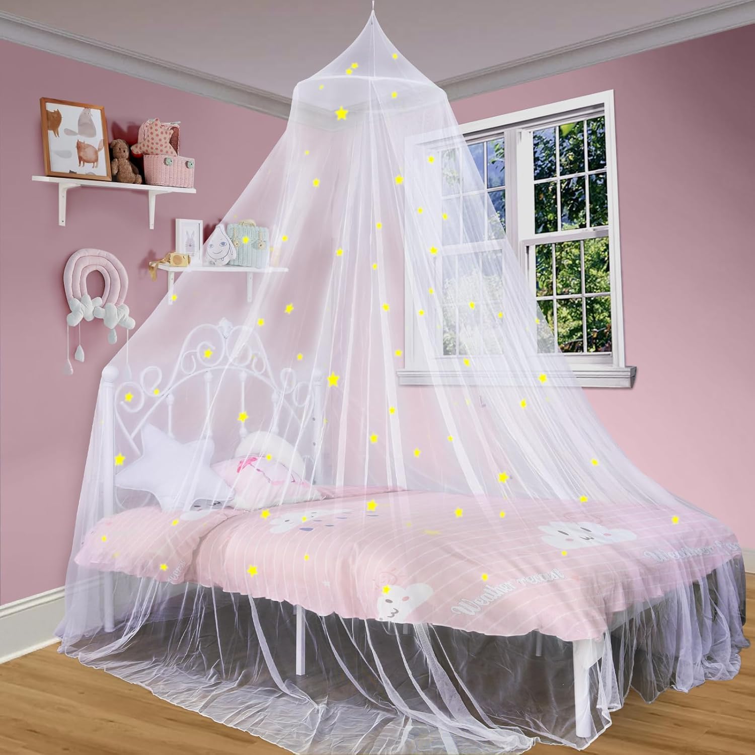 South To East Fire Retardant Fabric Anti Mosquito Glow in Dark Bed Canopy with Fluorescent Stars for Baby, Kids, Girls Or Adults
