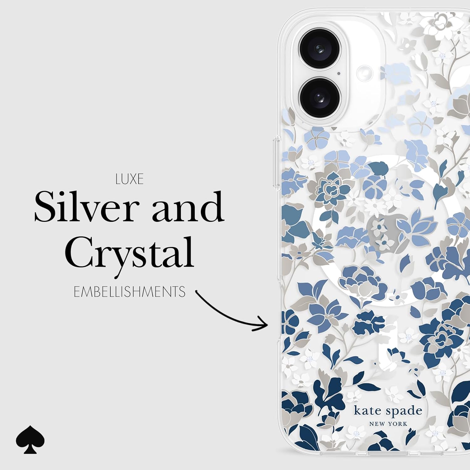 kate spade new york iPhone 16 Plus Case - Compatible with MagSafe - Designer Phone Case - Flowerbed Blue Gems