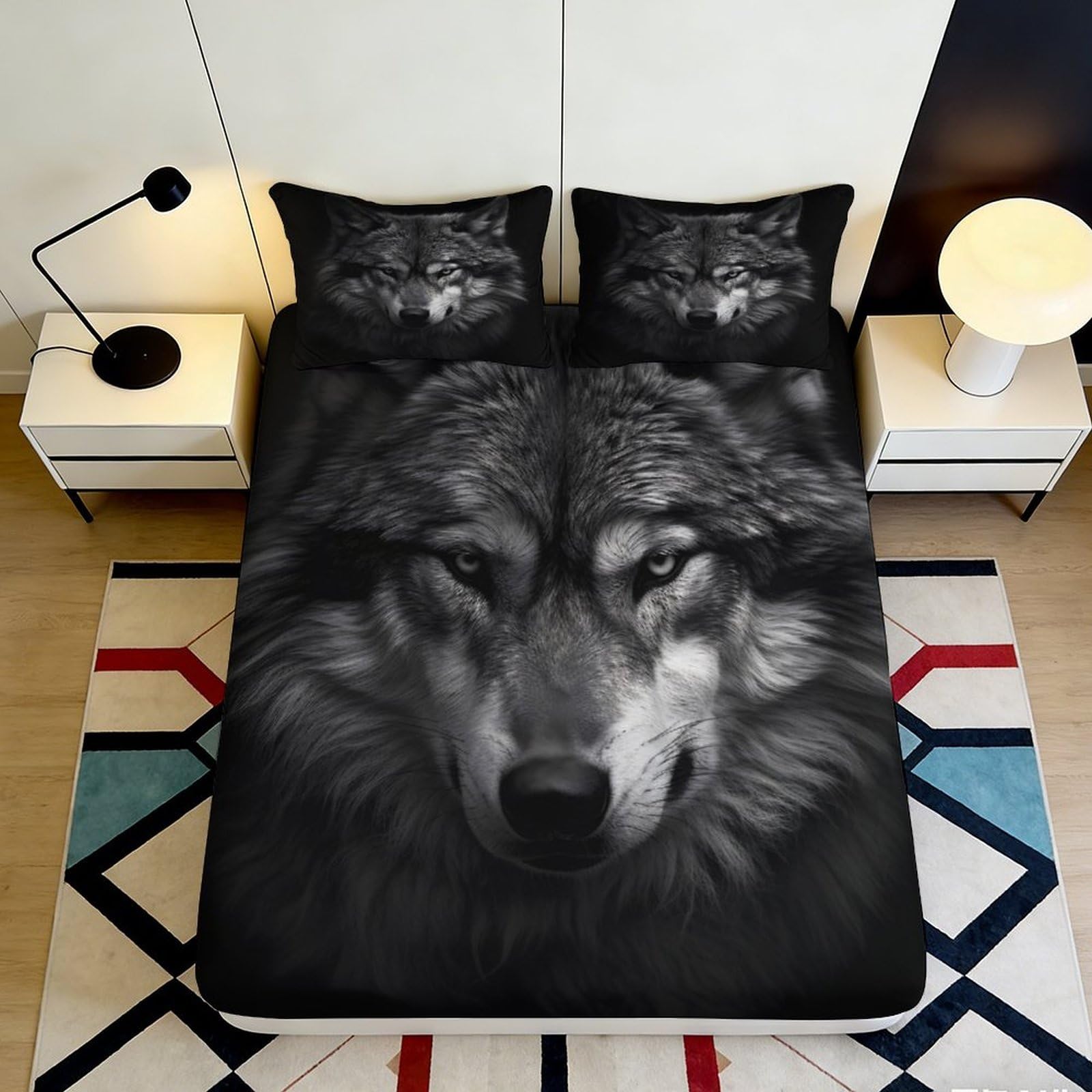 3D Printed Wolf Face Fitted Sheet Microfiber Dark Animal Art Bed Cover for Bedroom Dorm Mattress Protection Decor 160x200x25cm