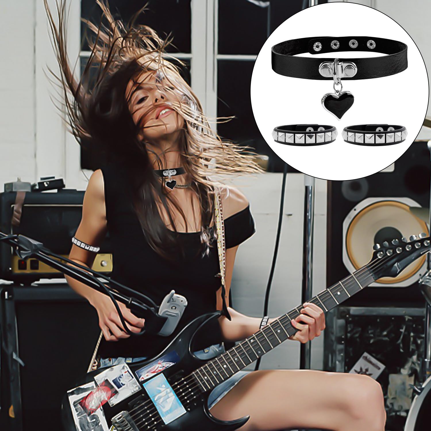 2 pulseras, 1 collar, pulsera gótica, punk, accesorios punk