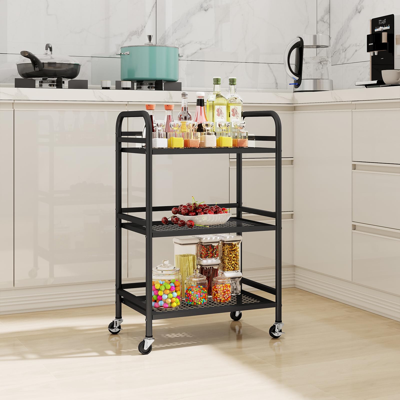 HDANI 3 Niveaux Chariot en métal de Rangement,Chariot de Rangement à pour la Cuisine ou la buanderie avec roulettes (Noir, 48×30×75cm Maille)