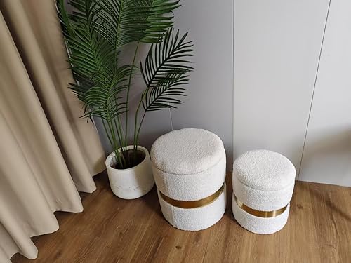 Miniatura 5 de Joveco Juego de 2 otomanas redondas de almacenamiento, reposapiés tapizado, asiento de mesa auxiliar con banda de metal para sala de estar y