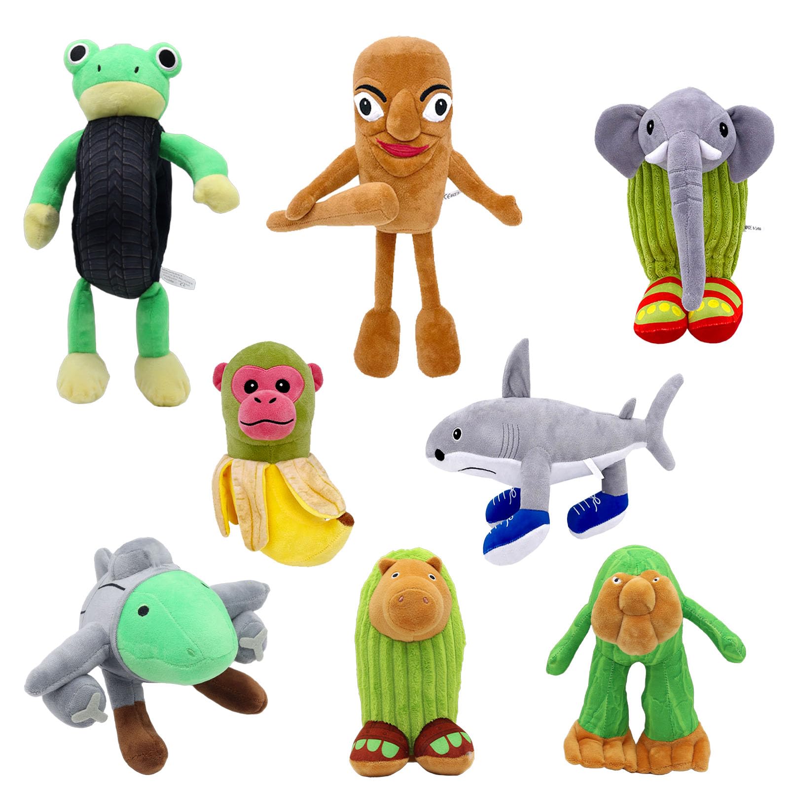 Italian Brainrot Peluche, 8 Pezzi Brainrot Pupazzo, Morbido Plushie con Squalo Scimmia Banana Rana Pneumatica Cactus Elefante, Pezzo da Collezione, Decorazione per Scrivania Divano Finestra