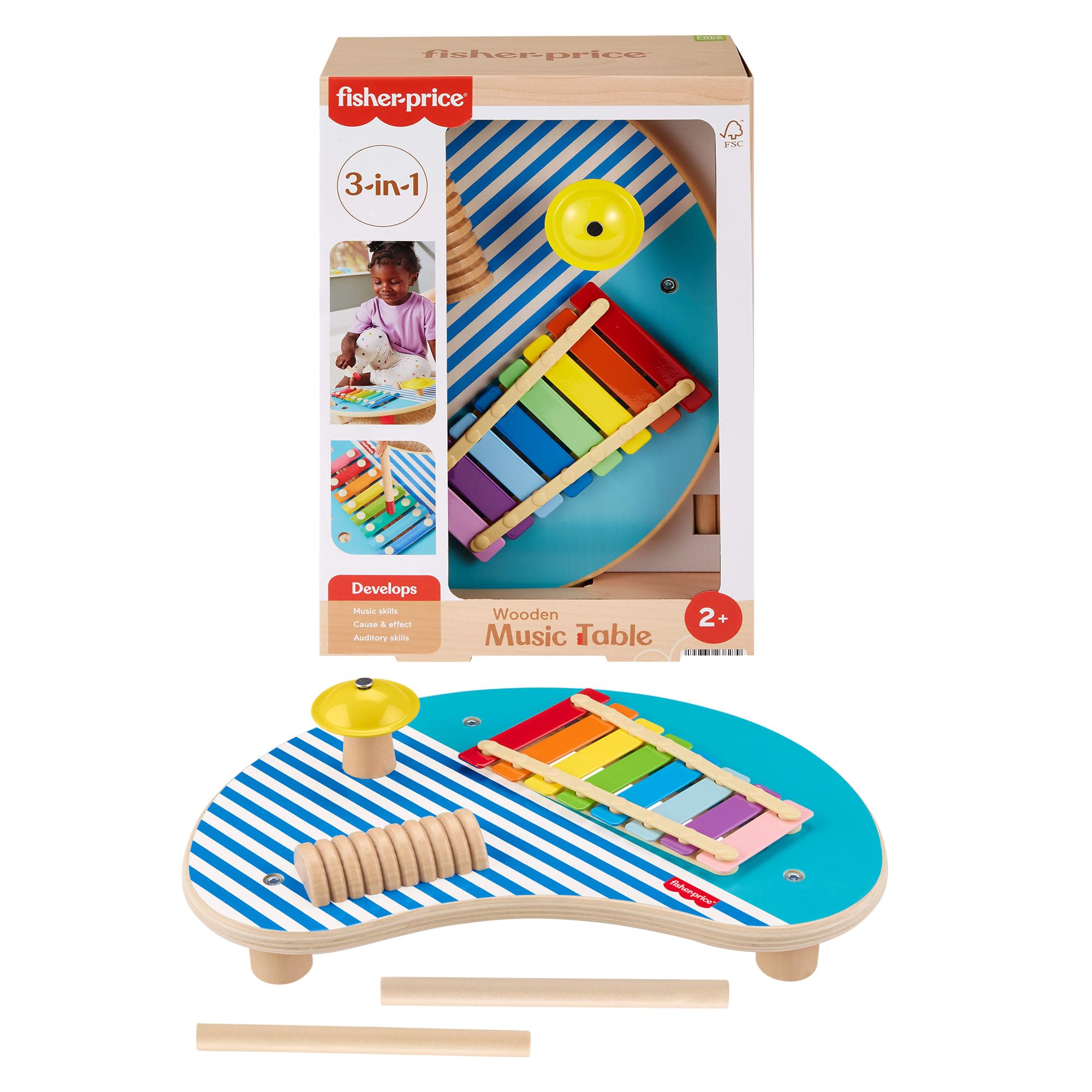 Fisher-Price Mesa de madera con 3 instrumentos de percusión, incluye xilófono, platino y güiro, fabricado en material certificado FSC, +2 años (HXT91)