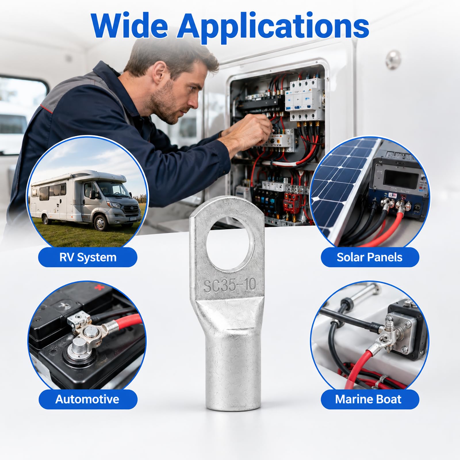 30er Pack Rohrkabelschuhe, Ringkabelschuhe Verzinntem Kupfer, SC Kabelschuhe 16 mm² 25 mm² 35 mm², Kabelschuhe M8 M10 für Batterie, Auto, Solar, Boot, Wohnmobil, Inverter und Stromkabel