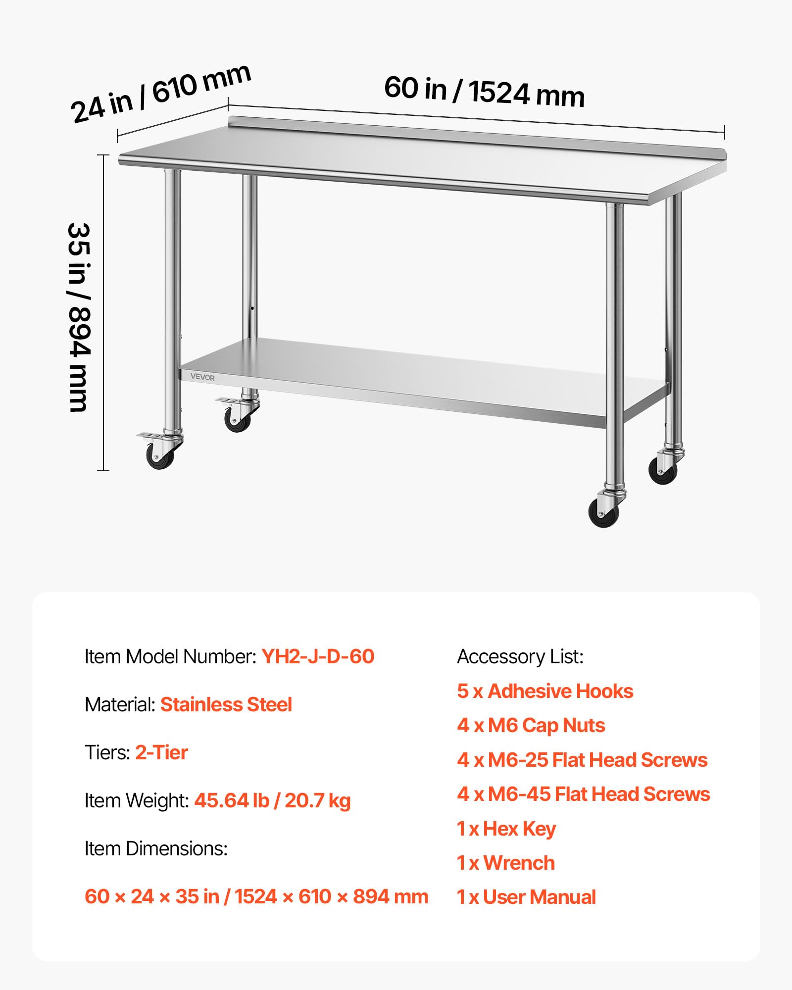 VEVOR Edelstahltisch Gastro 1524 x 610 x 894 mm, Verstellbarer Edelstahltisch mit Rollen, Aufkantung (30 mm), Arbeitstisch mit Grundboden für Restaurant Obere Ablage (254 kg) Untere Ablage (209 kg)
