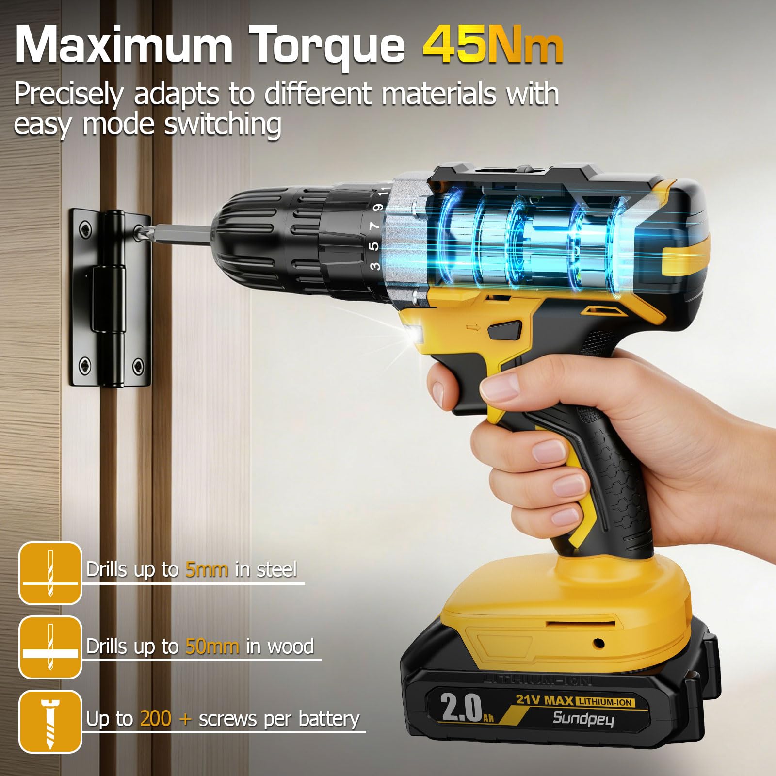 Sundpey Set trapano elettrico senza fili 21V con batterie 2.0Ah, coppia 18+1, max 45N.m