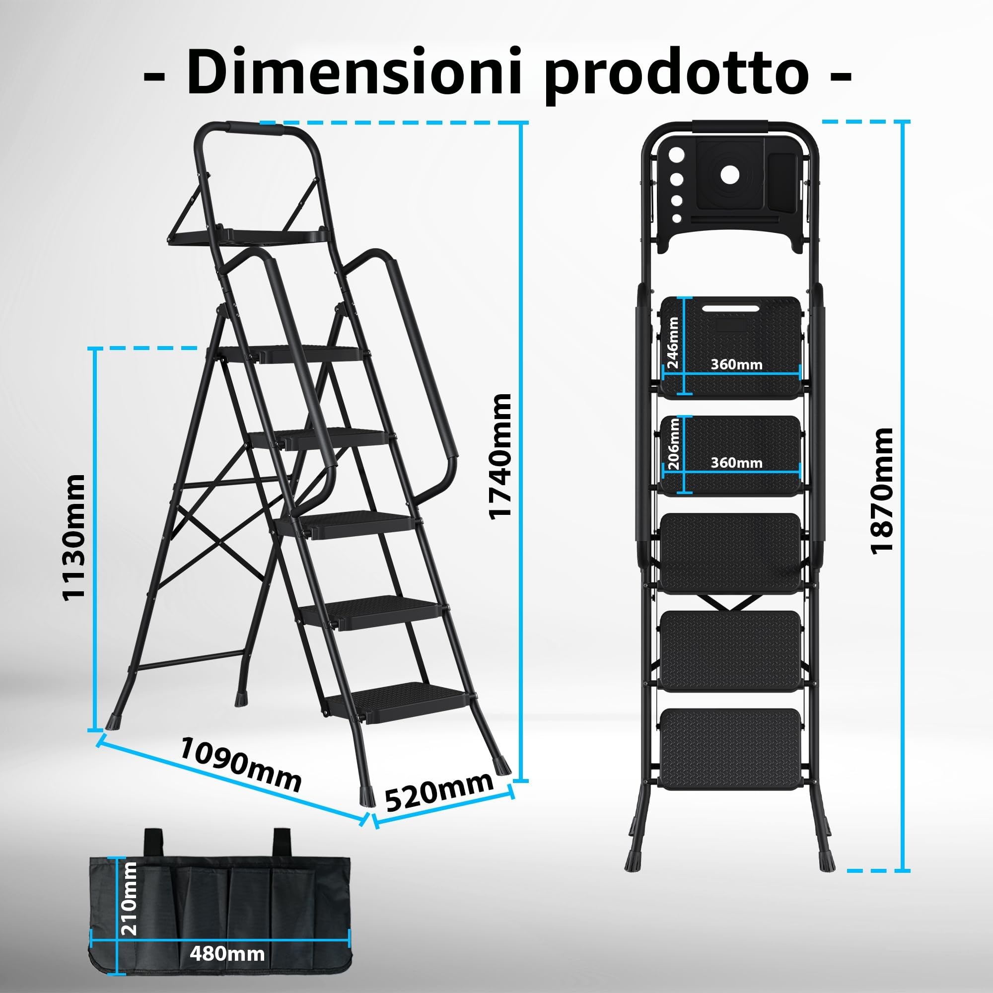 BONTEC Scala Pieghevole a 5 Gradini con Pedali Extra Larghe in Plastica Antiscivolo, Struttura in Ferro, Vassoio Portaoggetti e Borsa Attrezzi, Portata 150 kg, Facile da Riporre,Nero
