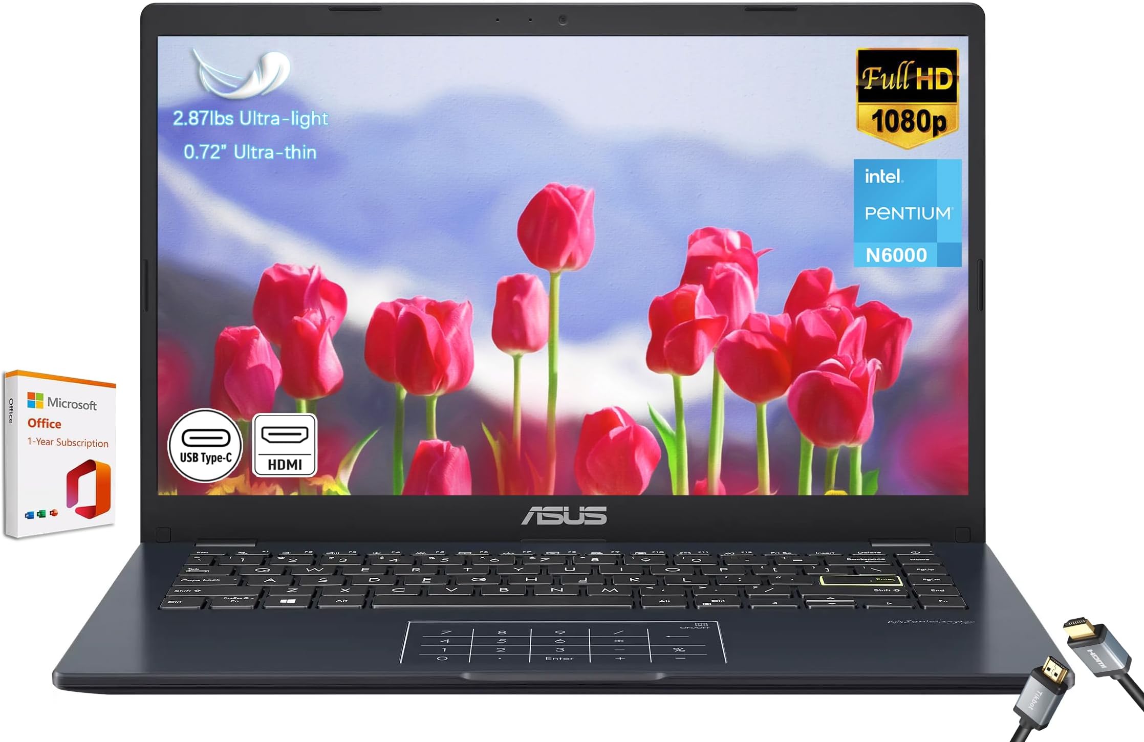 ASUS Vivobook go 14" FHD Laptop, Intel Pentium N6000 (Up to 3.30GHz), 1920x1080 Display, 4GB Memory, 64GB eMMC, 1-Year of Microsoft 365, NumberPad, Webcam, HDMI, Wi-Fi, Win11H in S Mode, E410KA
