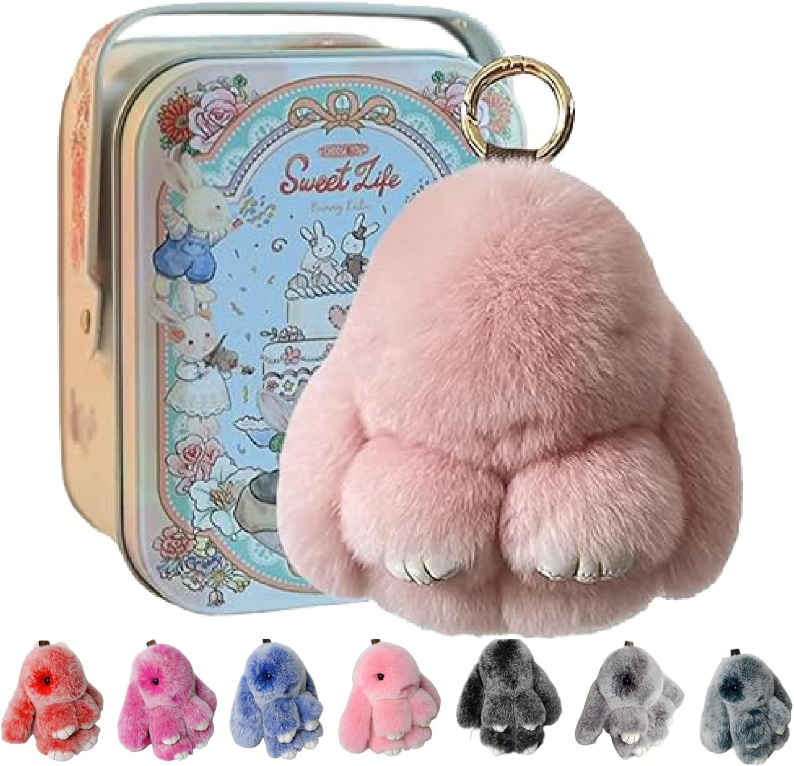 Bunny Keychain with Tin - 40 Colors Handmade Soft Plush Rabbit Keychain, 5.8" Stylish Bag Accessory