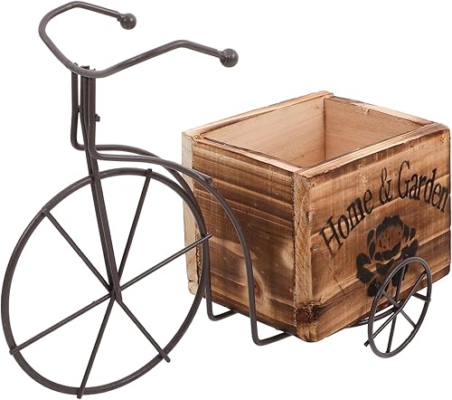 YARDWE Decoración para el hogar, jarrones de madera, soporte para plantas de bicicleta, alambre de metal, maceta de madera, soporte para plantas