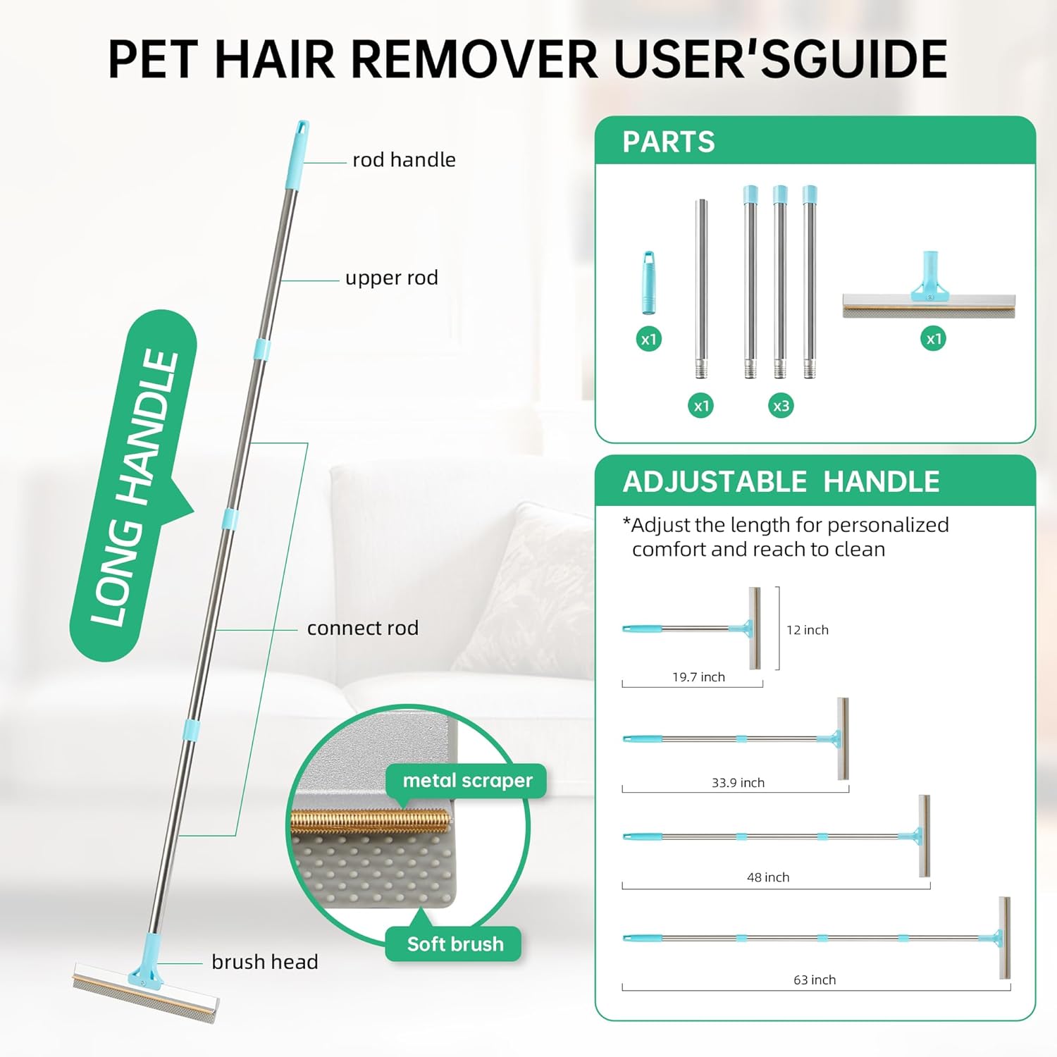 Carpet Rake for Pet Hair Removal - Reusable Uproot Clean Pet Hair Remover, 63” Adjustable Long Handle Cat Dog Carpet Rake Scraper, Dog Hair Rake Brush for Rugs, Mats, Couch