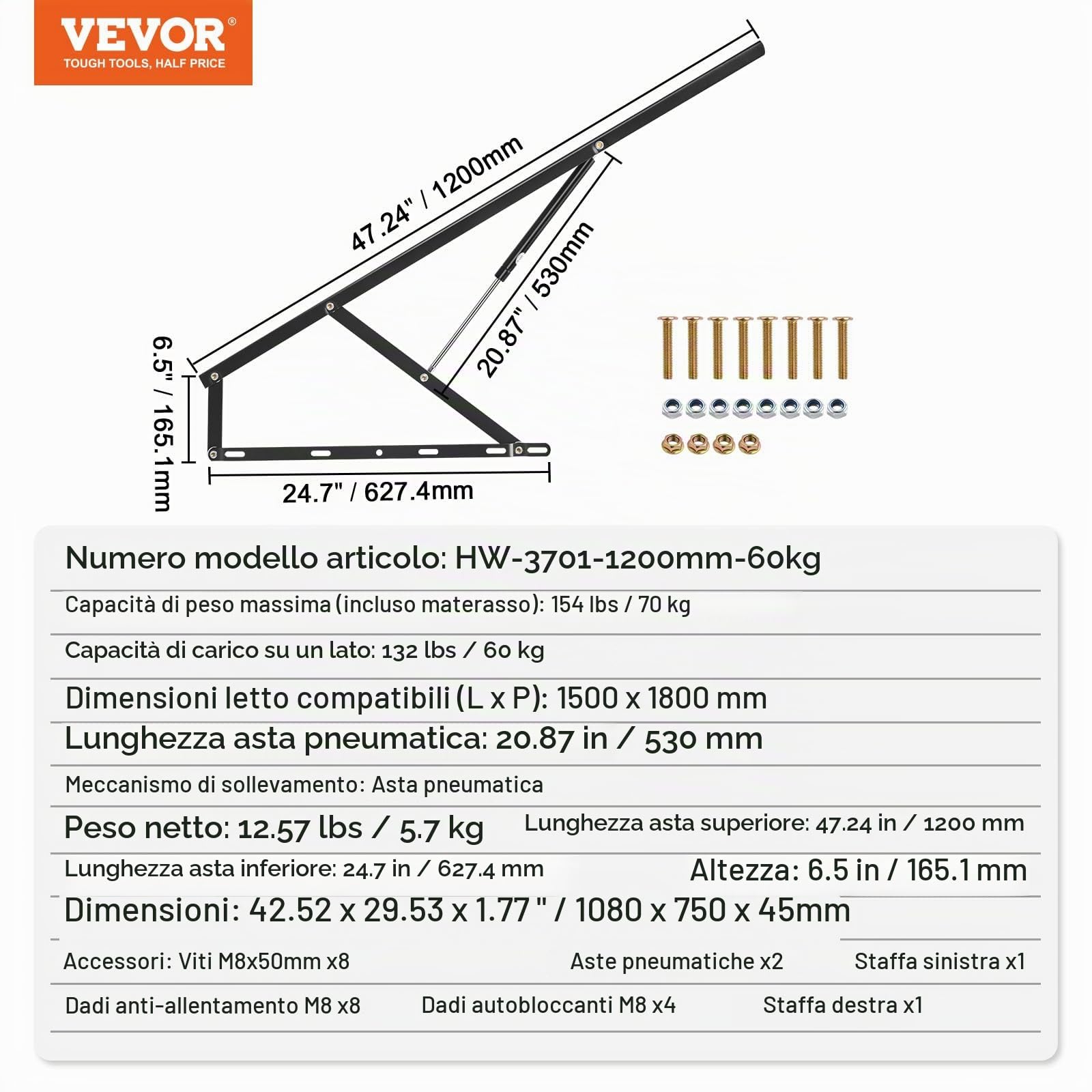 VEVOR Sollevatore per Letto, Dimensioni Letto Compatibili 1500 x 1800 mm Kit Hardware Meccanico per Letto Murphy, Carico 70 kg Leva Pneumatica, Supporto Letto per Carichi Pesanti, Camera degli Ospiti