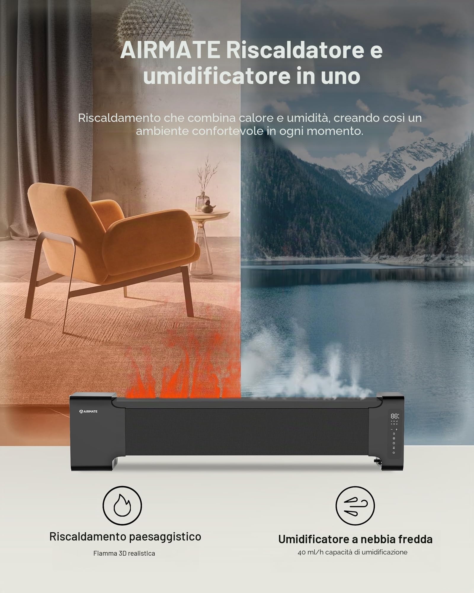 AIRMATE Camino Elettrico da Parete 113cm, 2000W Stufa Elettrica Basso Consumo Silenzioso con Pannello LED Timer 24h ECO Riscaldamento Rapido Simulare Una fiamma Fiamma