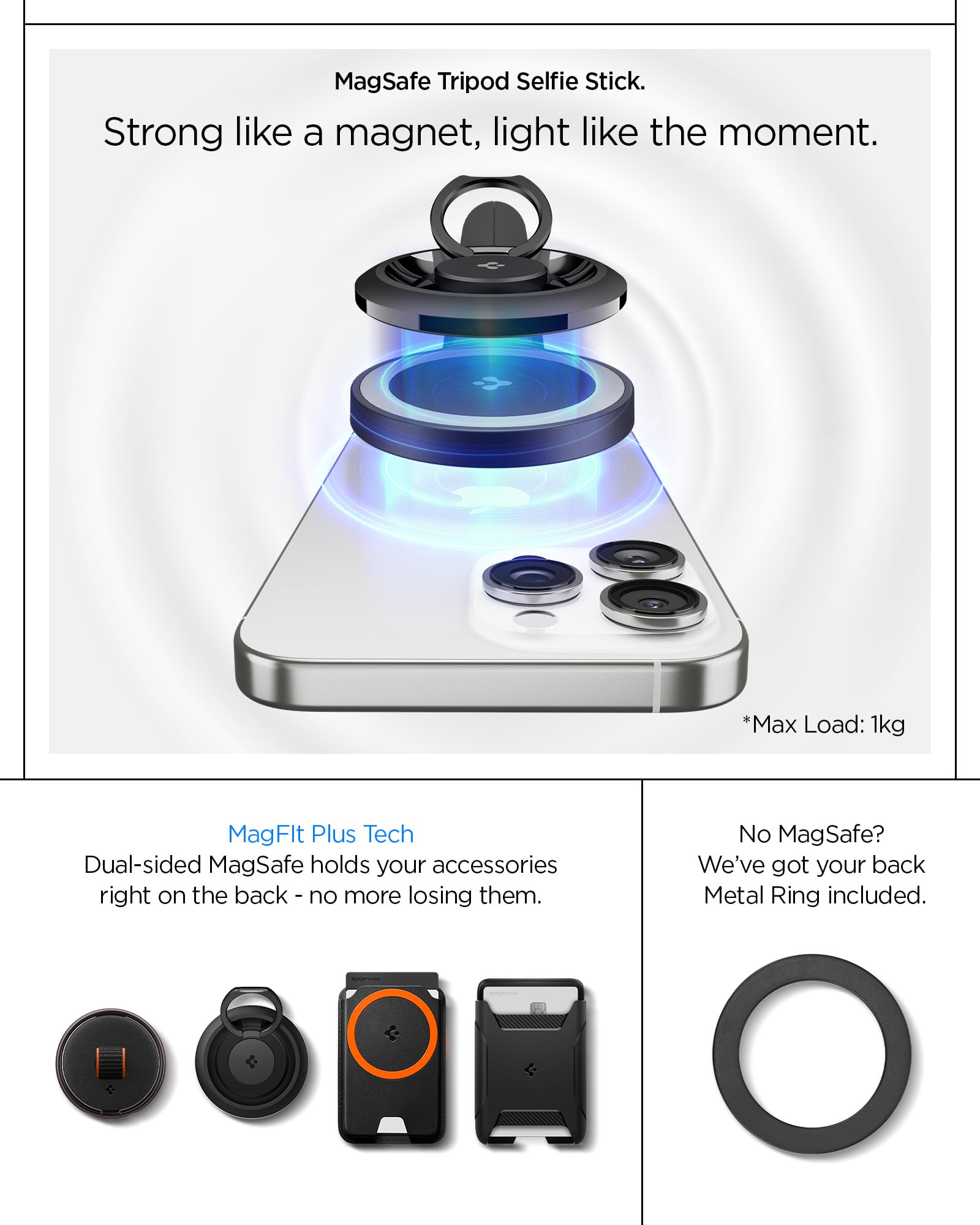 Spigen Treppiede One Push S581W, Bastone Selfie 168,5cm, Apertura Automatica, MagSafe Doppio, Bluetooth 4.2, Compatibile con iPhone, Galaxy, Pixel, Xiaomi, OnePlus e altri - Nero