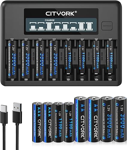 Paquete de 8 pilas AA 3000mAh y 8 pilas recargables AAA1100mAh 1.2V Ni-MH con cargador inteligente LCD de 8 bahías para baterías recargables de 1.2