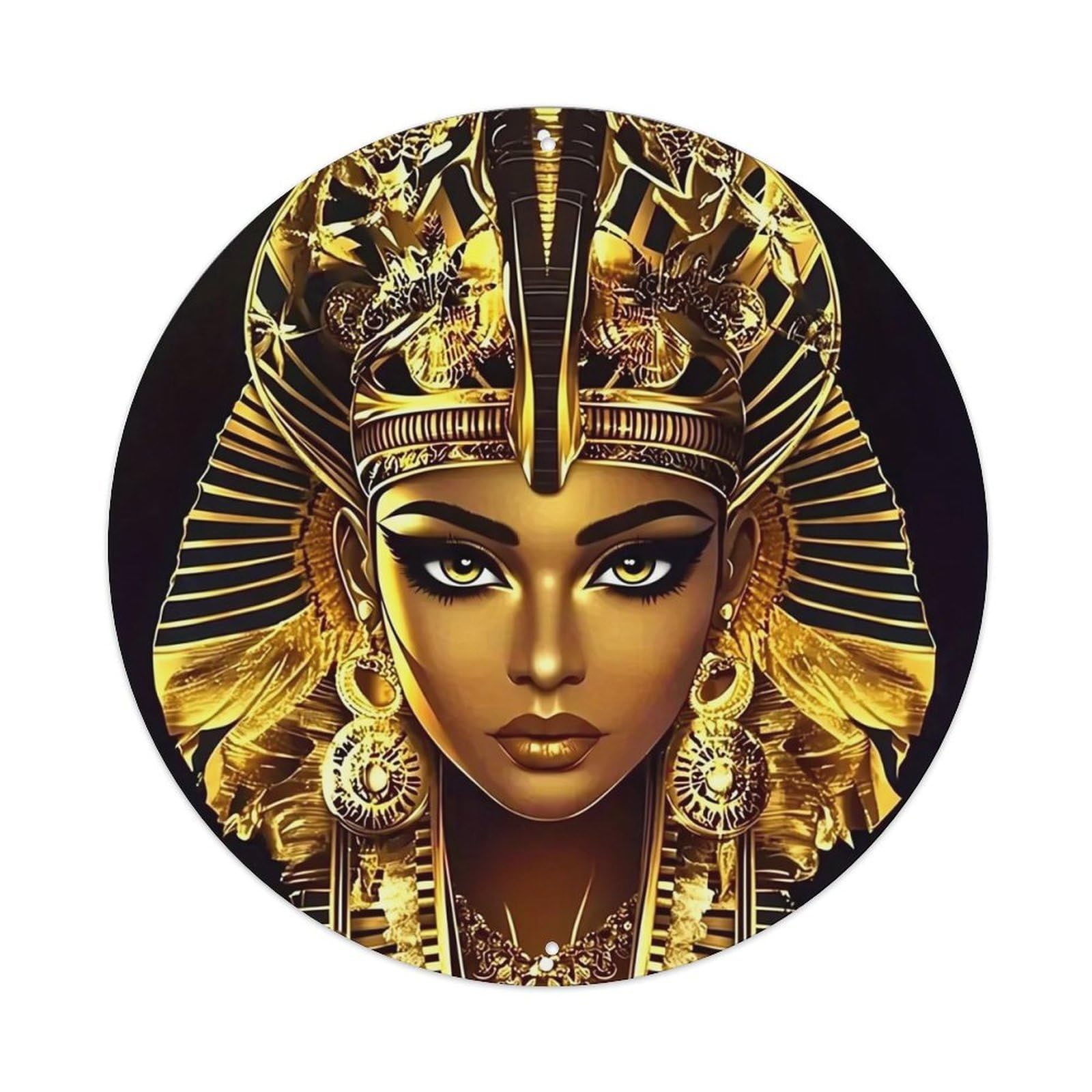 Golden Egyptian Queen Portrait Art Vintage Metal Tin Sign Retro Wall Decor for Home Bar Garage Cafe, Indoor & Outdoor Decorative，circle Metal Poster, 8x8 Inch