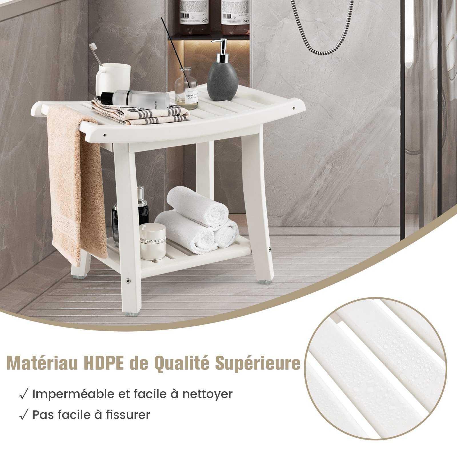 COSTWAY Tabouret Salle de Bain 2 Niveaux en PEHD Étanche, Banc de Douche Antidérapants Siège Incurvé pour Enfants et Adultes Charge Max 150kg, 60,5 x 34 x 48 cm (Blanc)