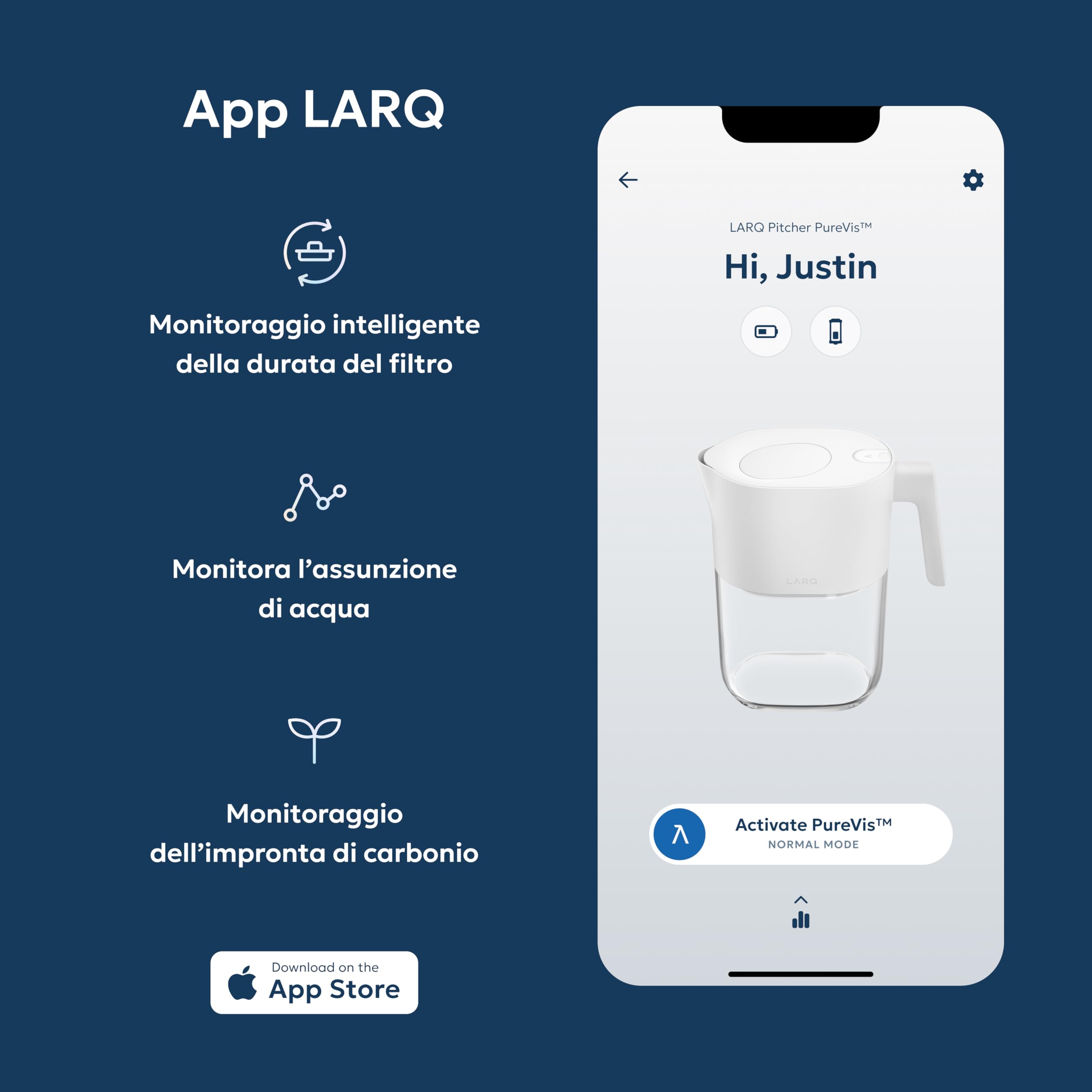 LARQ PureVis 3-in-1 Caraffa Filtrante | Purificazione UV | Monitoraggio Idratazione App | Riduce PFAS, Cloro, Calcare & Piombo | 1,9 L | Garanzia 2 Anni