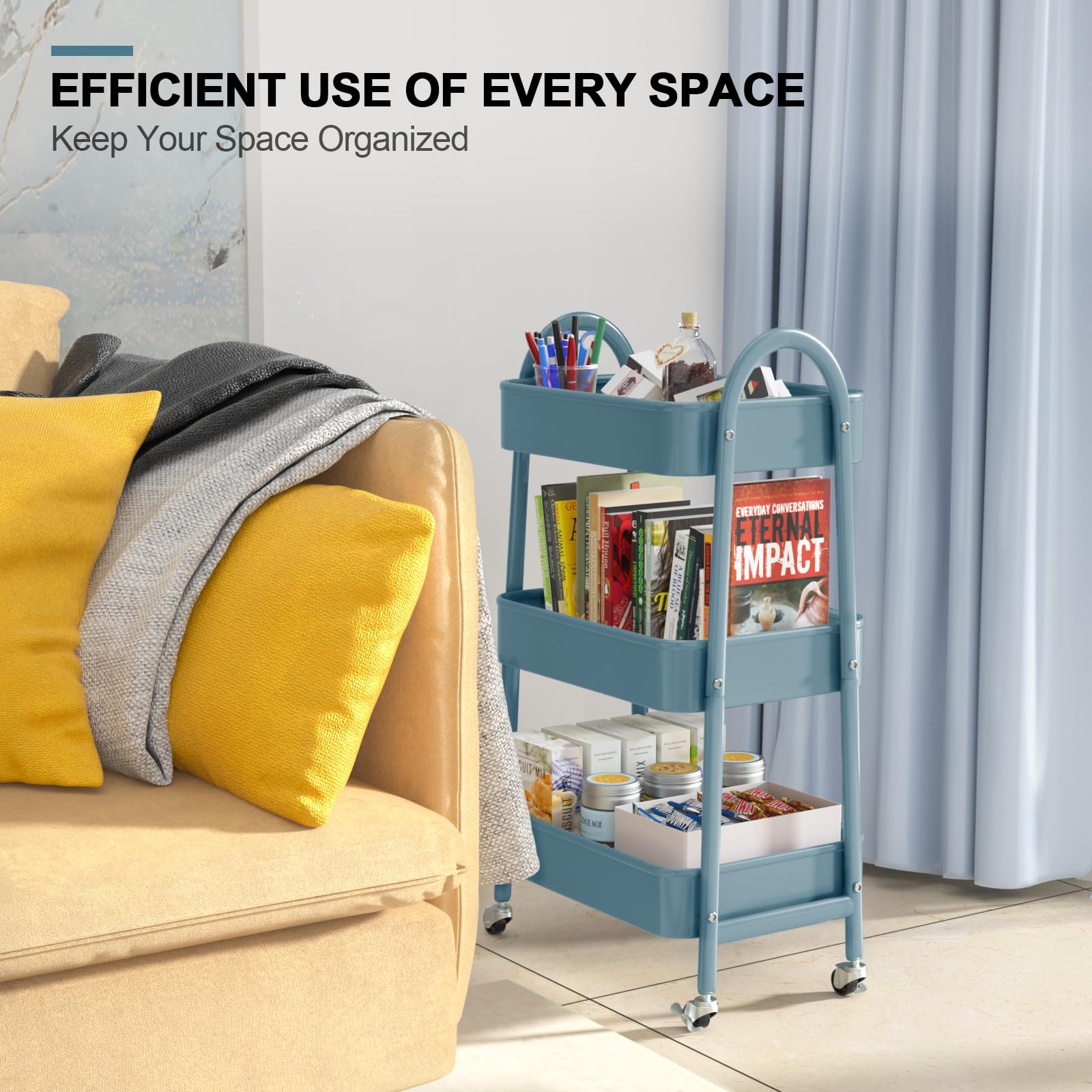 EAGMAK - Carrito utilitario de 3 niveles, carrito de almacenamiento de metal con asa y ruedas bloqueables, carrito organizador de almacenamiento multifuncional con cestas de malla para cocina, sala de