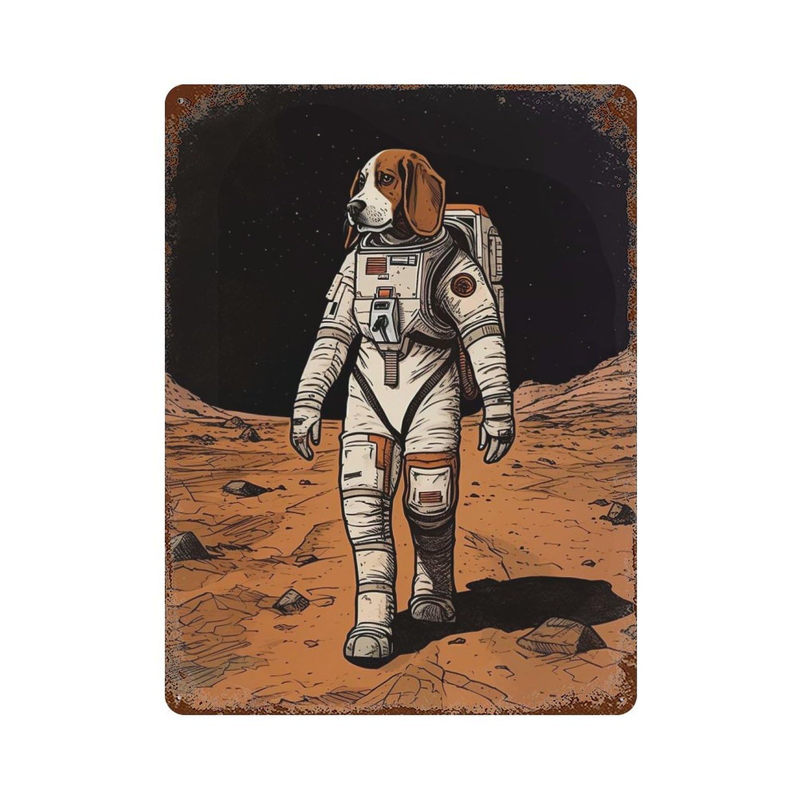 Rust Effect Beagle Astronaut On Mars Rusty Metal Tin Sign 15.7"x11.8", Rustic Home Decor for Bistro, Counter And Cafe Decor