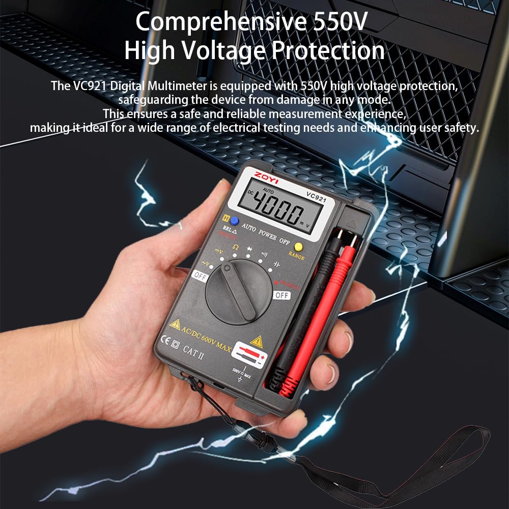 Multimetro digitale tascabile ZOYI VC921, 4000 conteggi, multi tester voltmetro amperometro ohmmetro misura tensione corrente resistenza capacità continuità diodo frequenza