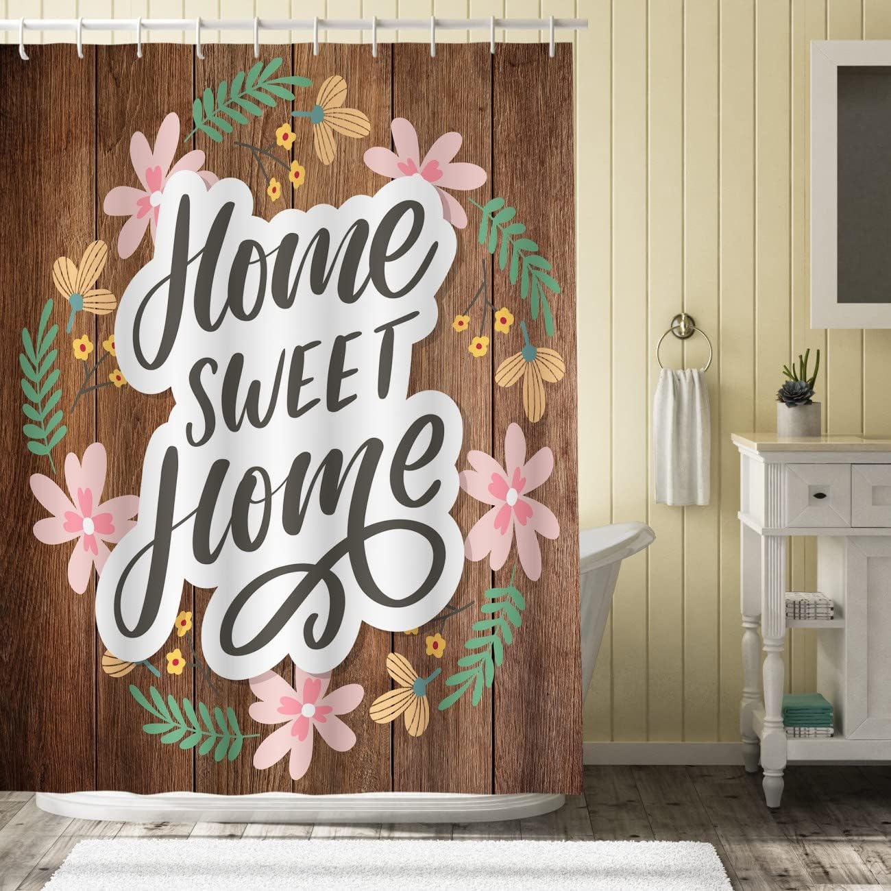 Orlco ArtHome Sweet Home Shower Curtain Flower Shower Curtain Bathroom Shower Curtain Farmhouse Grey Rustic Wooden Board Polyester Waterproof Fabric Bath Decor with Hooks Accessories 72"x72"