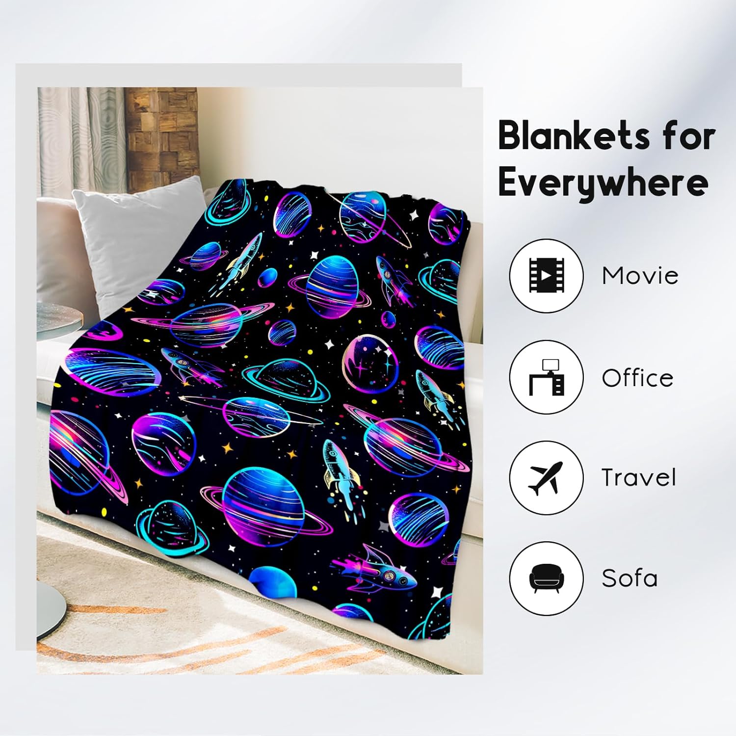 Planet Blanket for Kids, Planet Blankets Gifts for Boys, Flannel Soft Throw for Boys Teen, Kid Decorations for Room Couch Sofa (Black, 50x60 Inch)