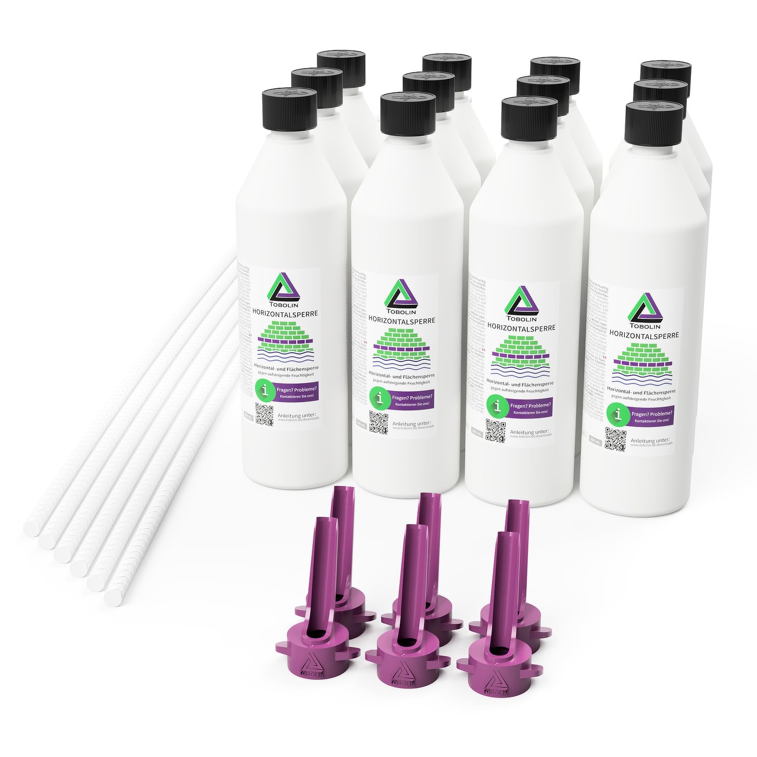 TOBOSTICK Set 12er (TOBOLIN Horizontalsperre für Mauern mit Hohlräumen) – TOBOLIN Flaschen + Schraubwinkel + TOBOSTICK