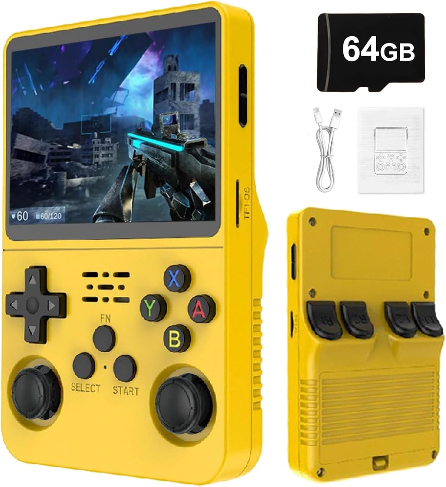 R36S Retro Handheld Games Console - 3.5" IPS Display, 21000 Classic Games 3500mAh Battery, Linux System Portable Mini Game Console-Yellow||64G