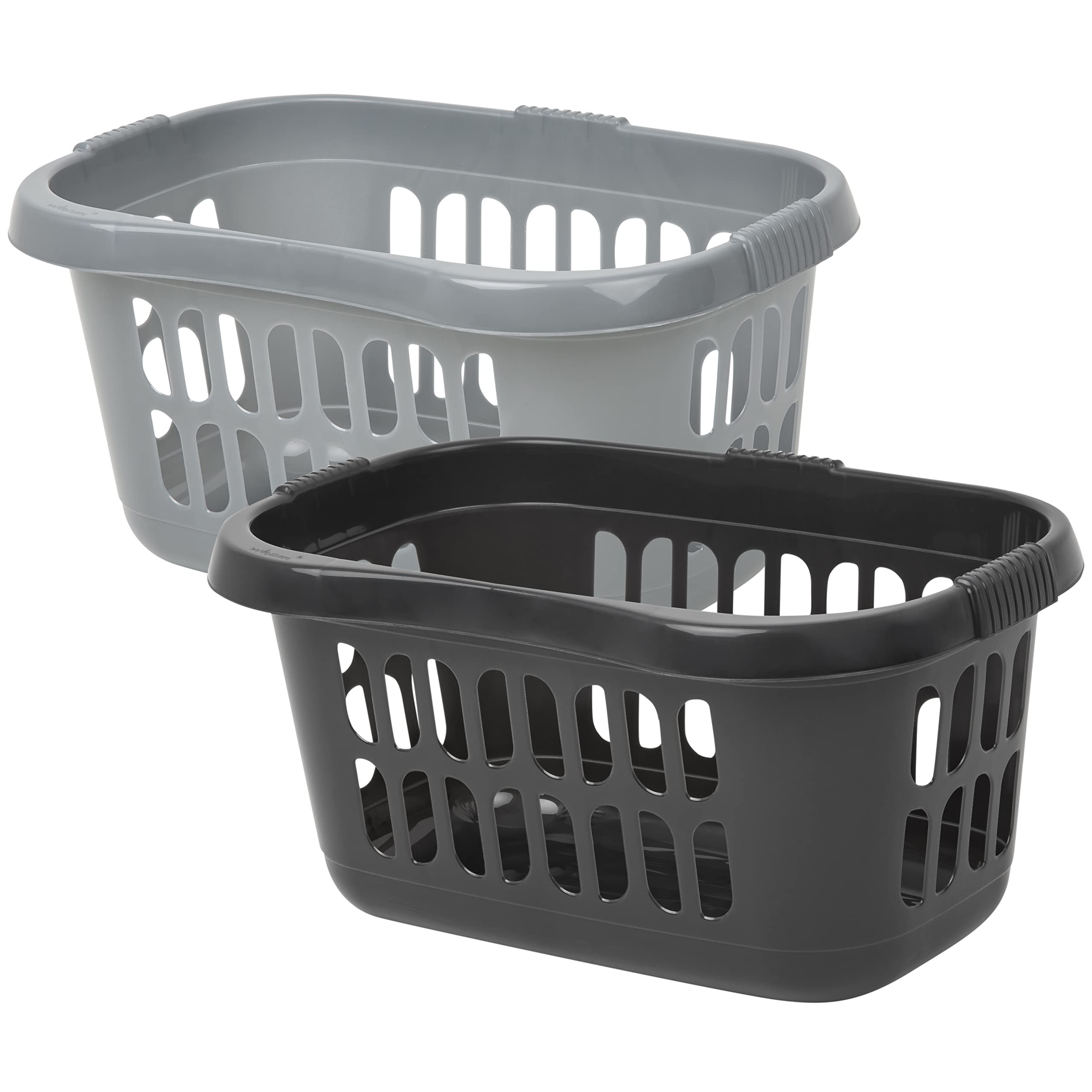 (Set of 2) 60L Litre Large Plastic Hipster Laundry Basket Storage Clothes Washing Basket Laundry Hamper Basket Organiser For Toys Bathroom Laundry Room Kids Nursery (Silver + Midnight Greyish)